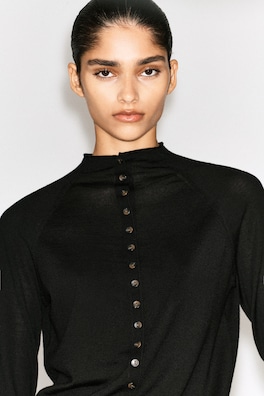MERINO WOOL MOCK-NECK CARDIGAN — BLACK 5