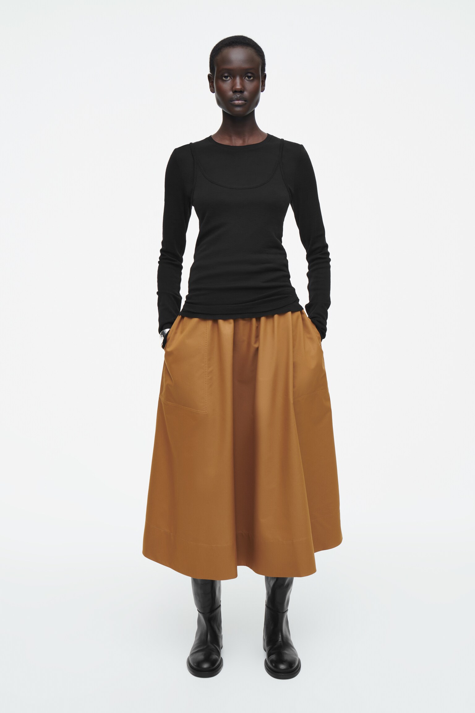 GATHERED A-LINE MIDI SKIRT - BROWN/NAVY - 1