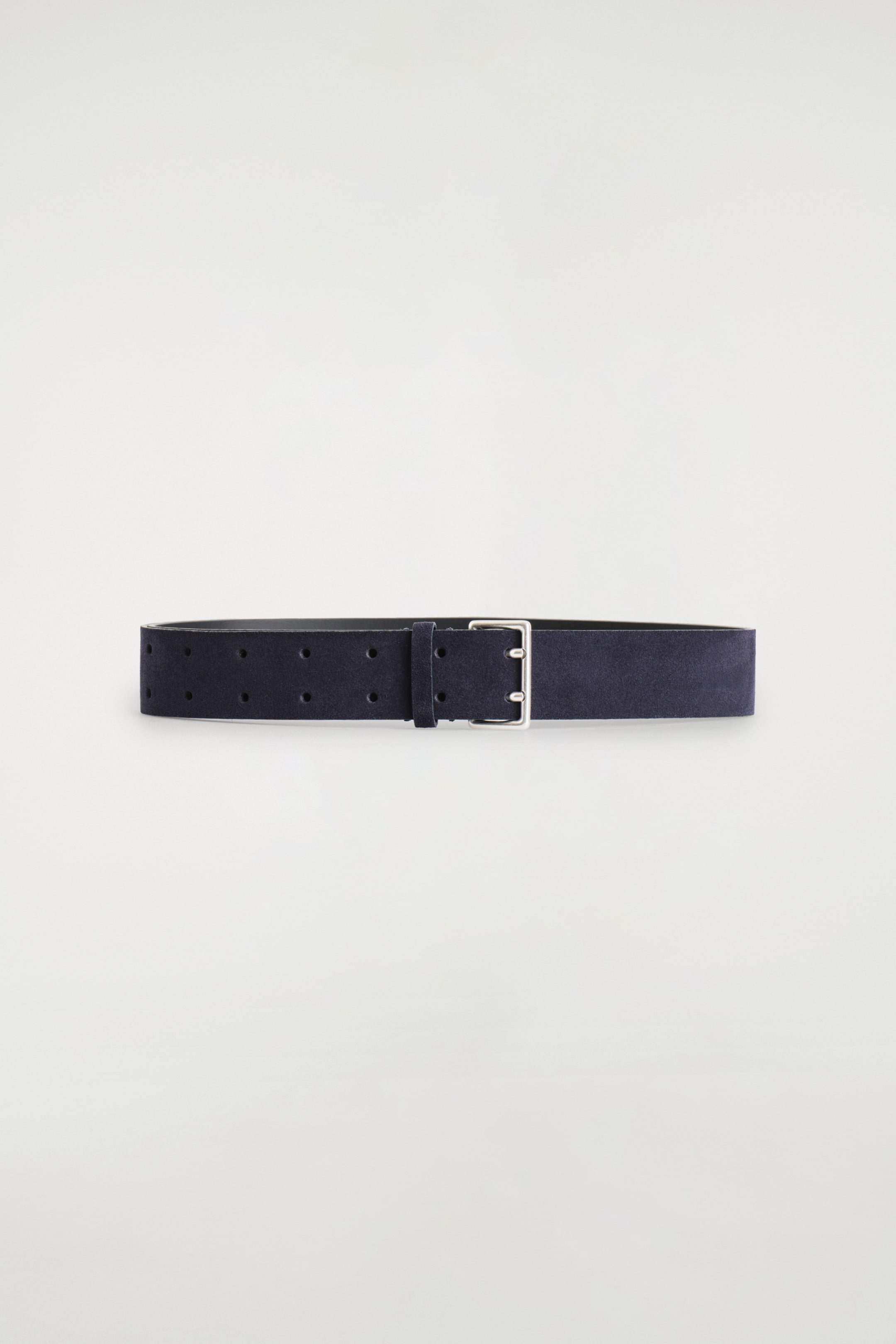 View larger image: A dark blue suede belt is presented flat, featuring a silver-tone squared double-prong buckle and two parallel rows of holes along its length.