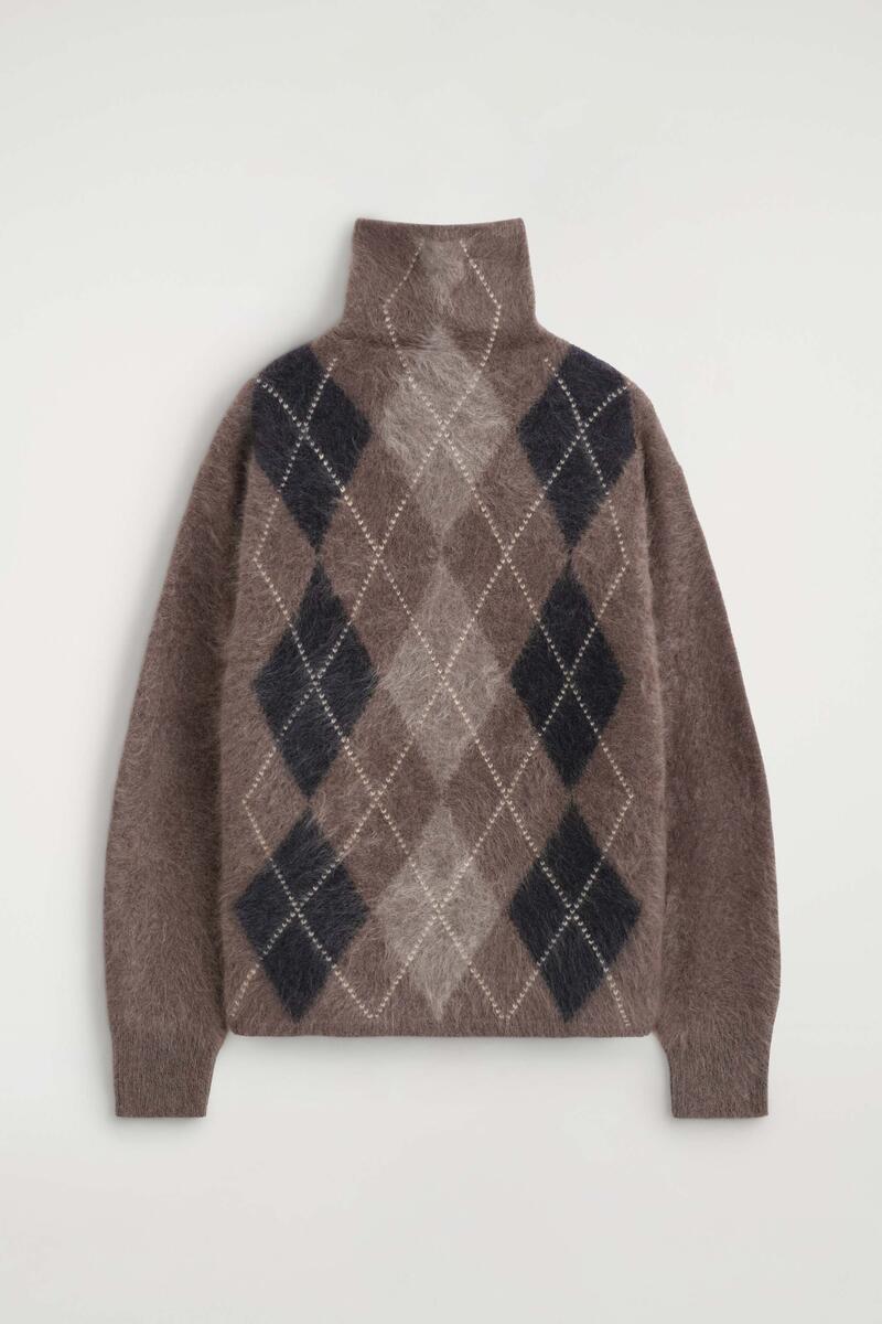 Argyle brushed Pure Cashmere Funnel-Neck Sweater