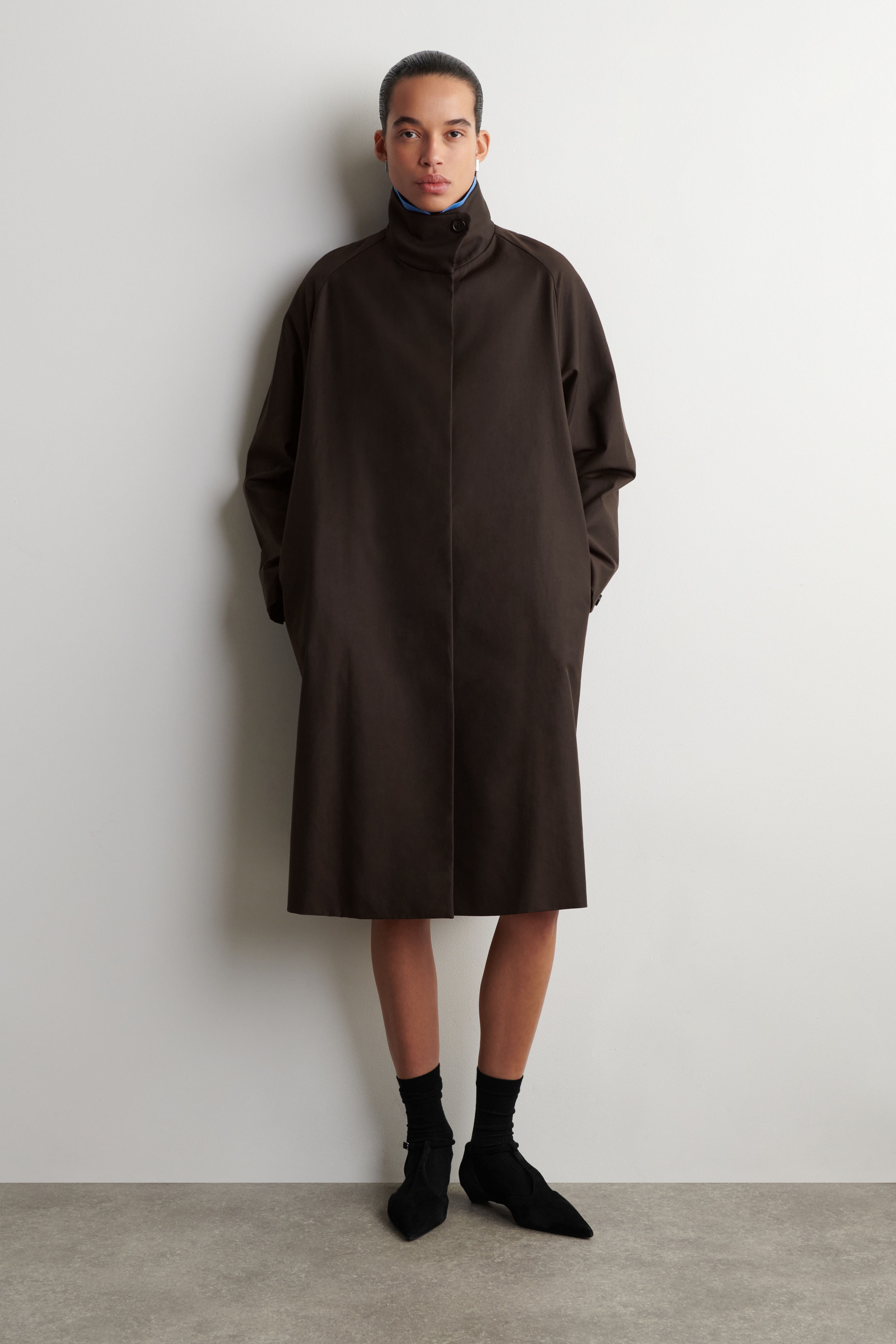 OVERSIZED FUNNEL-NECK COAT - DARK BROWN
