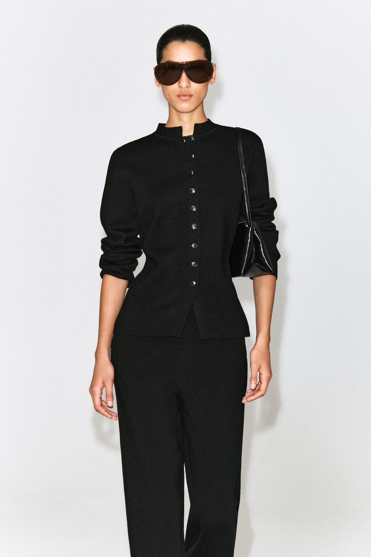 MERINO WOOL-BLEND CARDIGAN — BLACK