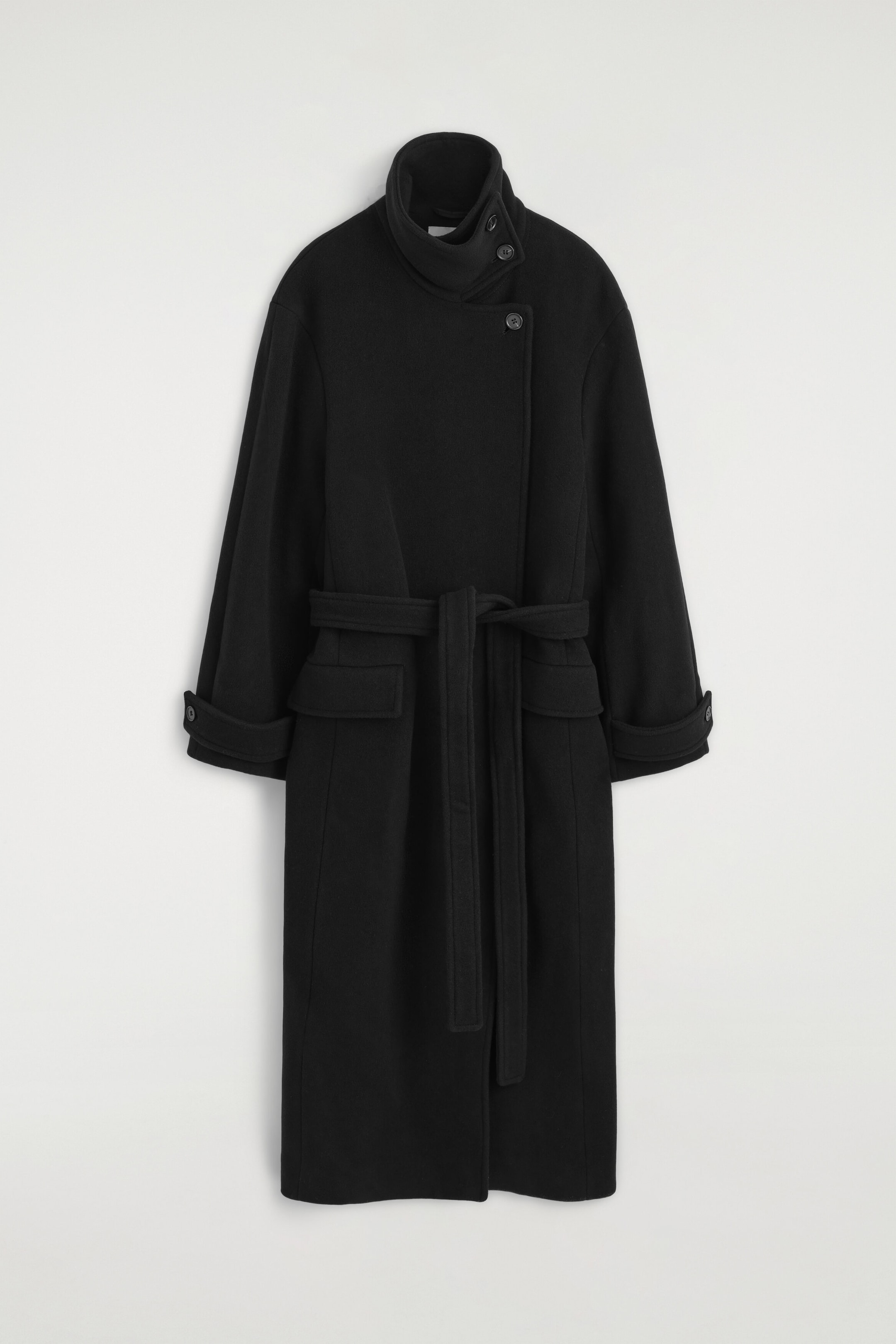 BELTED WOOL-BLEND FUNNEL-NECK COAT