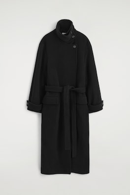 BELTED WOOL-BLEND MOCK-NECK COAT — BLACK 10