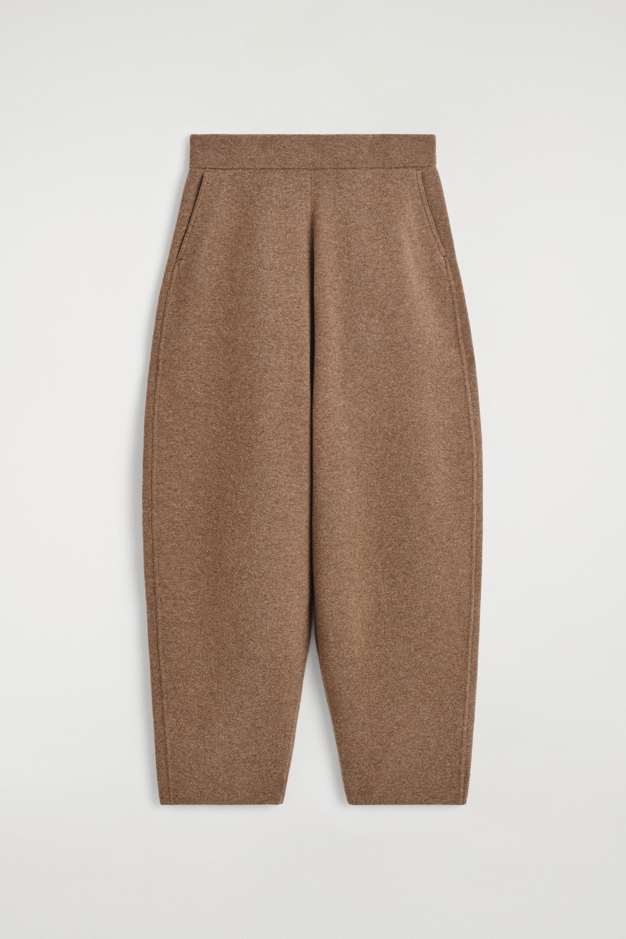 MERINO WOOL BARREL-LEG TROUSERS — BROWN MÉLANGE