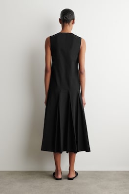 PLEATED COTTON-LINEN MAXI DRESS — BLACK 3
