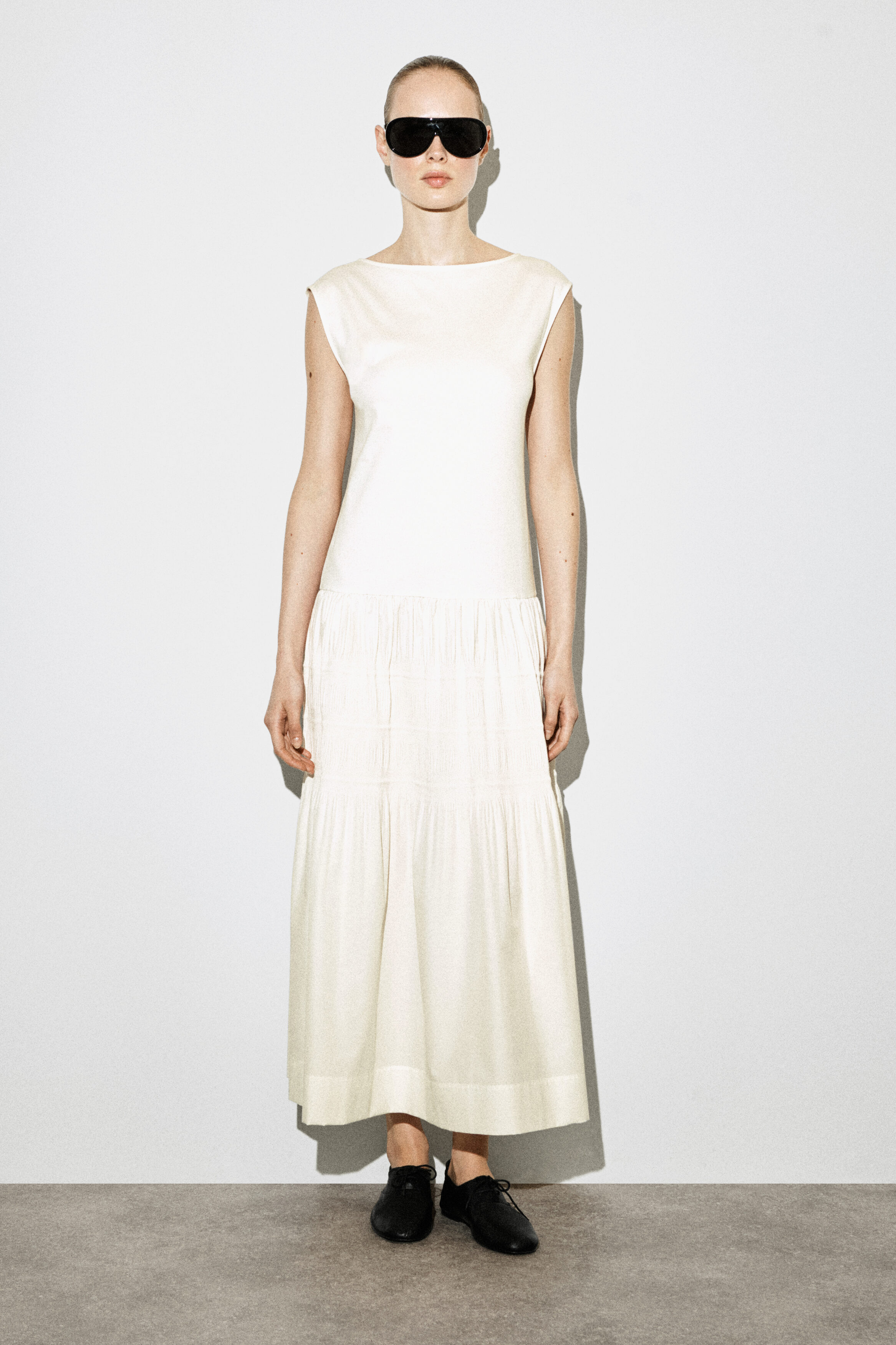 cos white maxi dress COS Women's Tiered Gathered Midi Dress in White | Cotton
