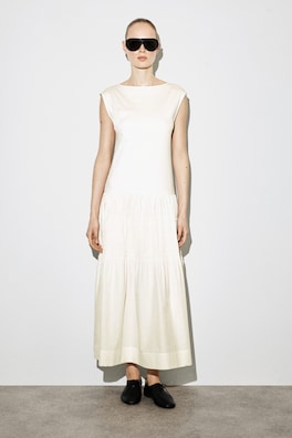 TIERED GATHERED MIDI DRESS — WHITE 1