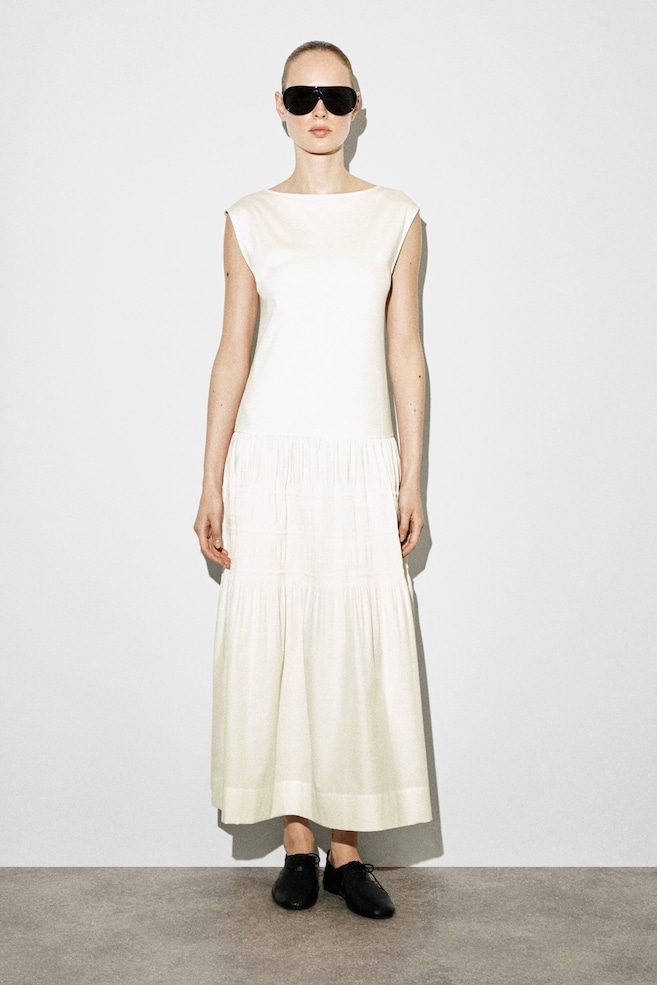 TIERED GATHERED MIDI DRESS — WHITE