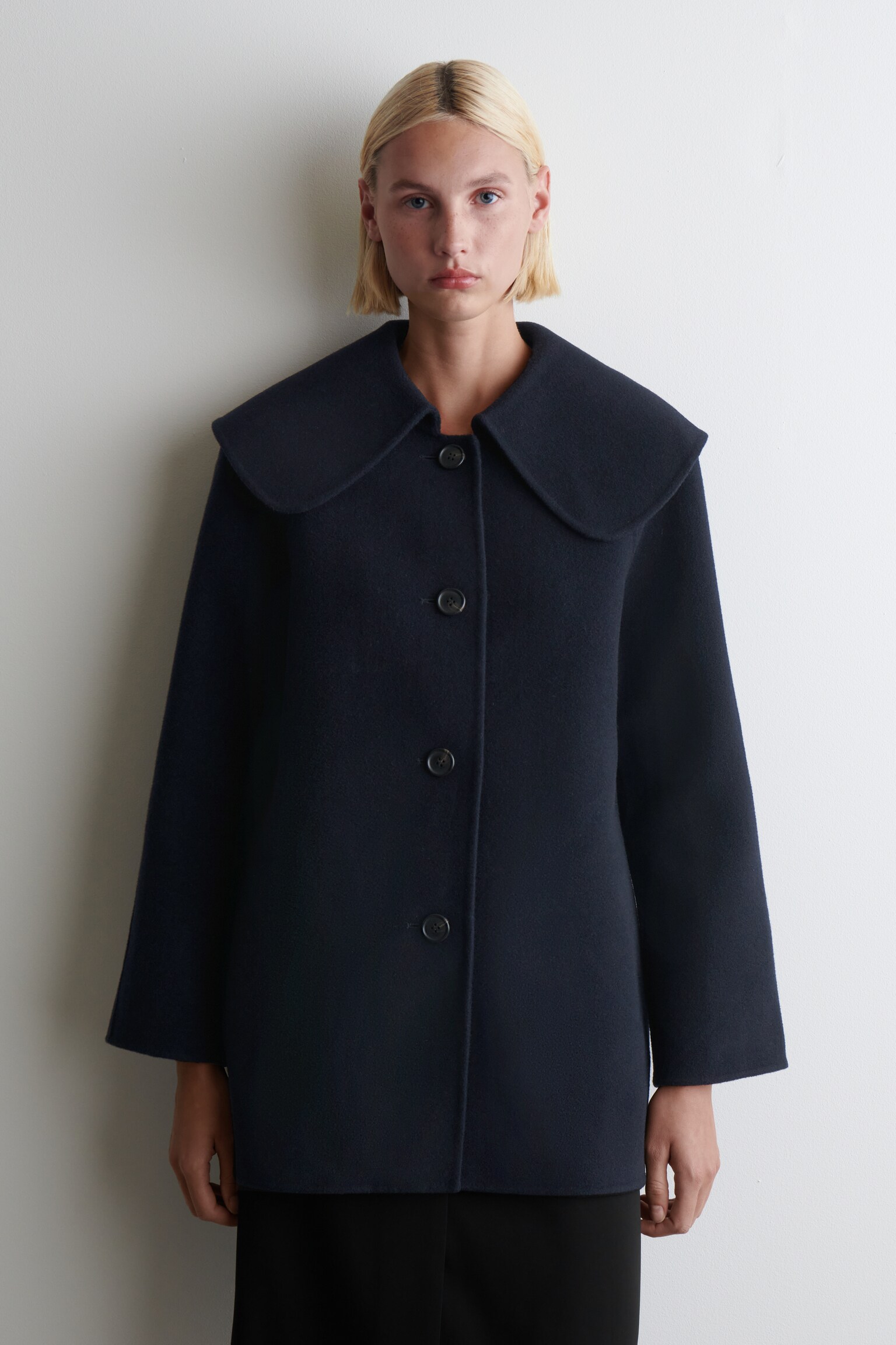 CHAQUETA DE LANA DE DOBLE FAZ CON CUELLO - AZUL MARINO