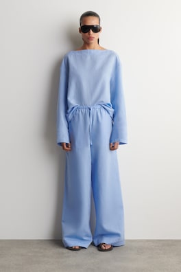 WIDE-LEG LINEN DRAWSTRING PANTS — LIGHT BLUE 1