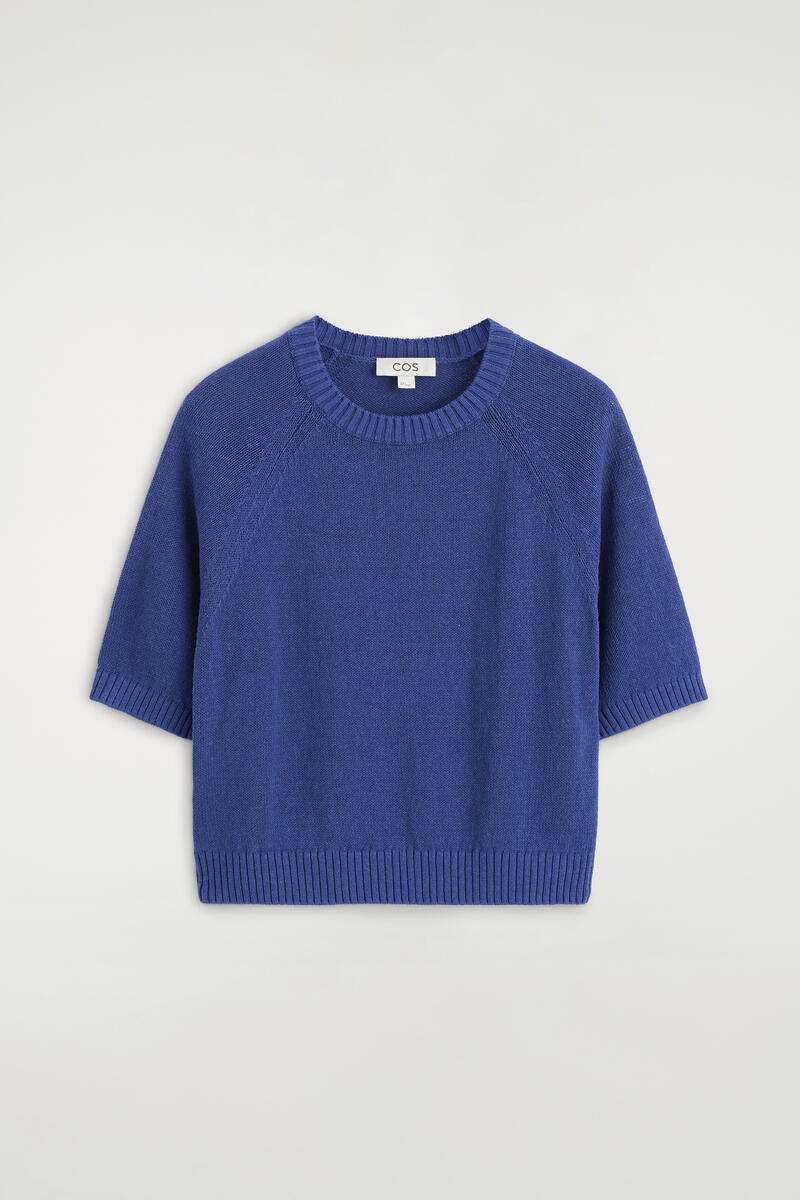 Shrunken Knitted Linen T-Shirt in Blue