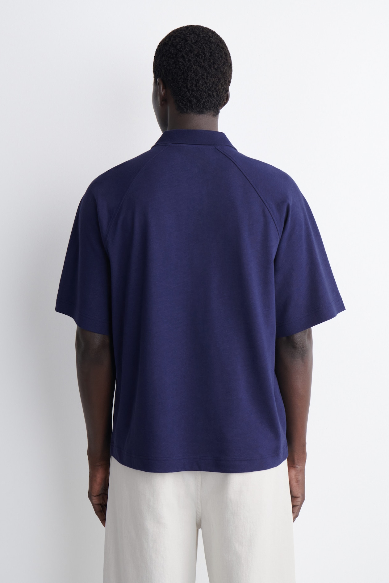 RELAXED COTTON-LINEN POLO SHIRT — NAVY