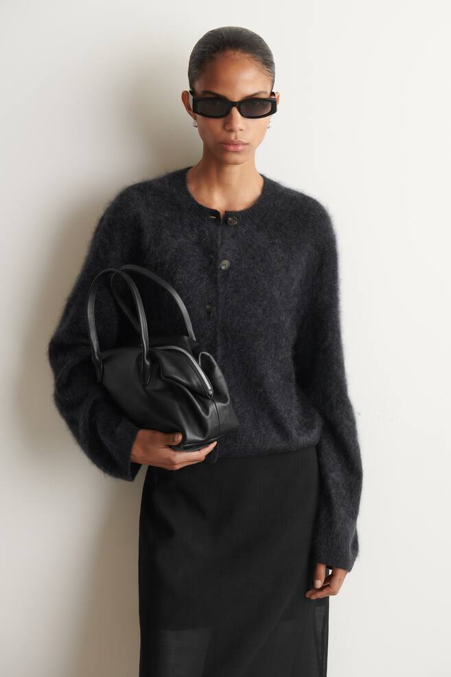 BRUSHED-CASHMERE CREW-NECK CARDIGAN - DARK GREY/DARK BEIGE - 1