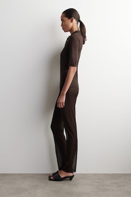 SHEER KNITTED SILK POLO SHIRT — BITTER CHOCOLATE 3