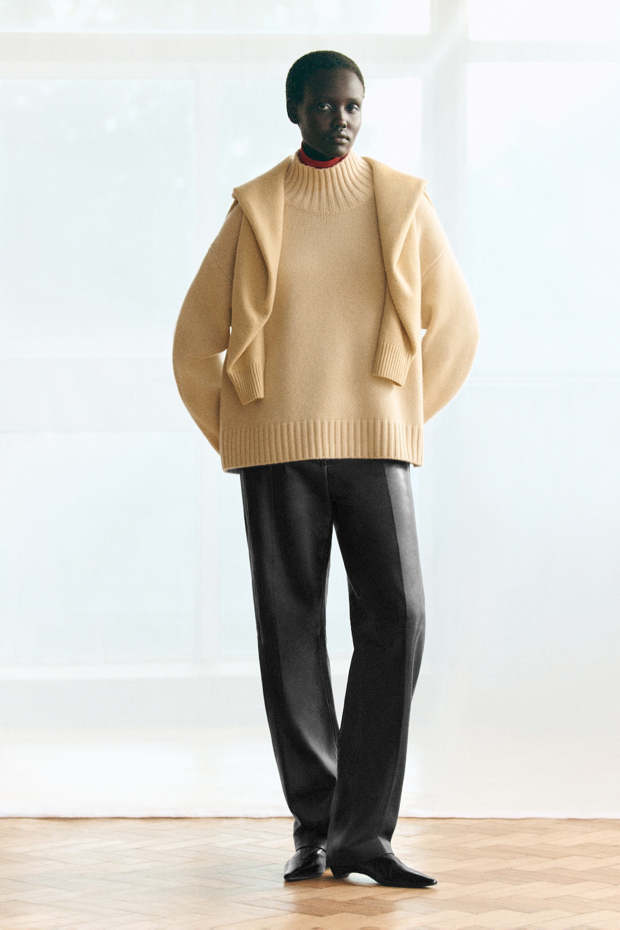 LEATHER STRAIGHT-LEG PANTS — BLACK