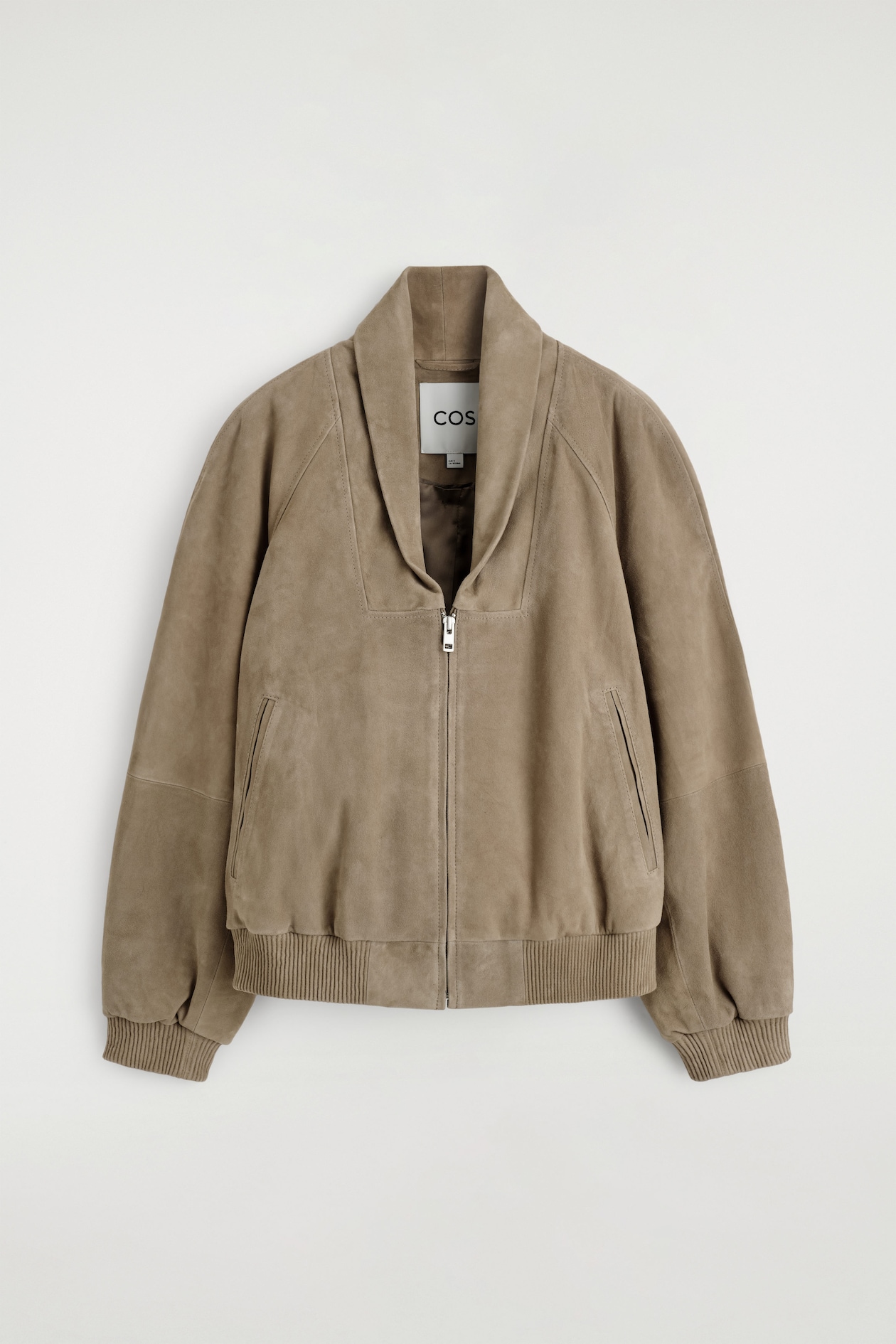 SHAWL-COLLAR SUEDE BOMBER JACKET — BEIGE
