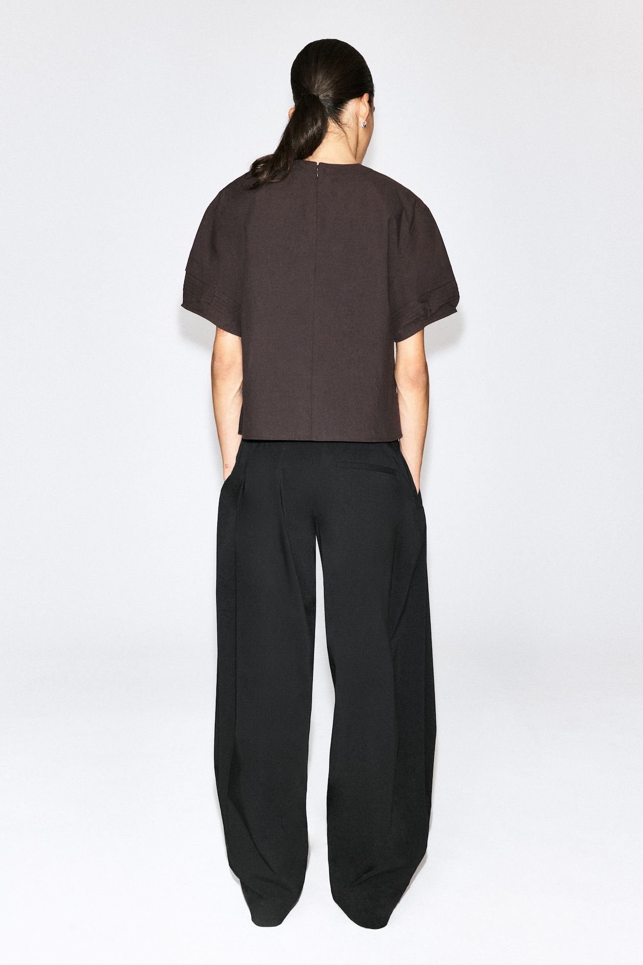 PINTUCKED COTTON BLOUSE — BROWN