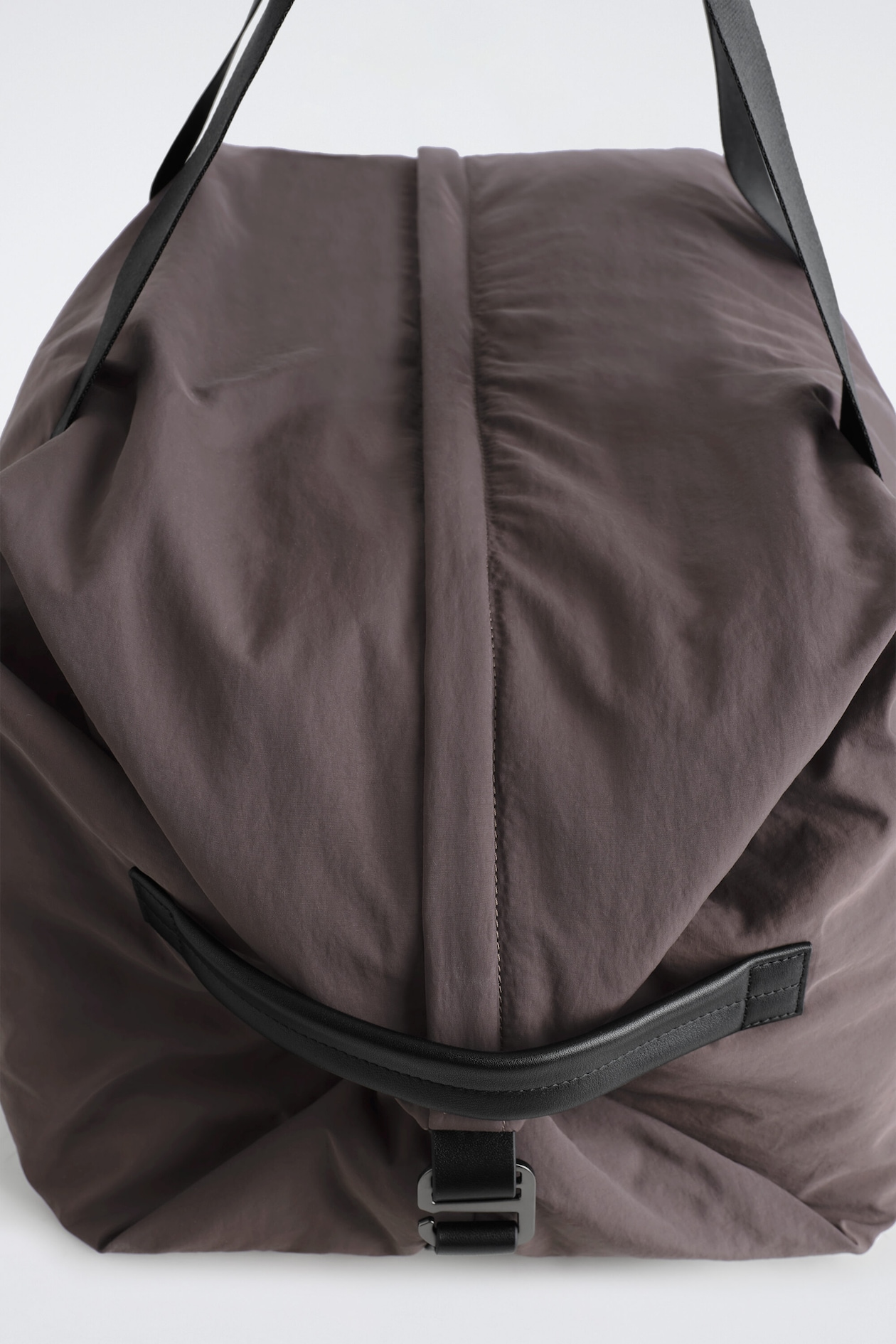 LEATHER-DETAIL DUFFEL BAG - NYLON — DARK BROWN