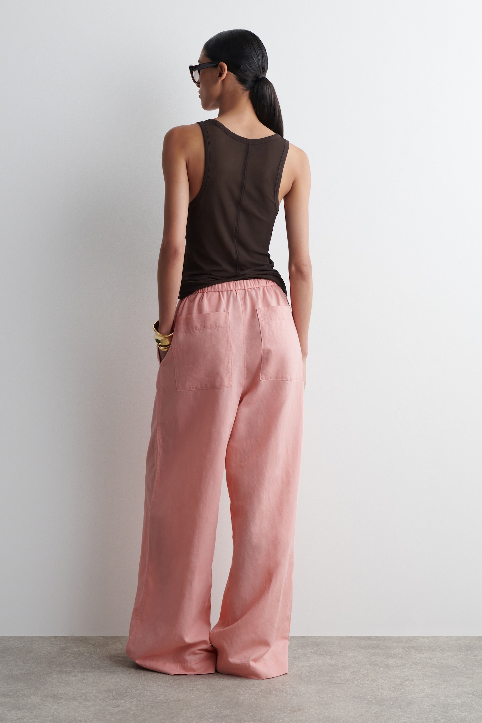 PANTALON LARGE TAILLE AJUSTABLE EN LIN - ROSE/BRUN FONCÉ - 6