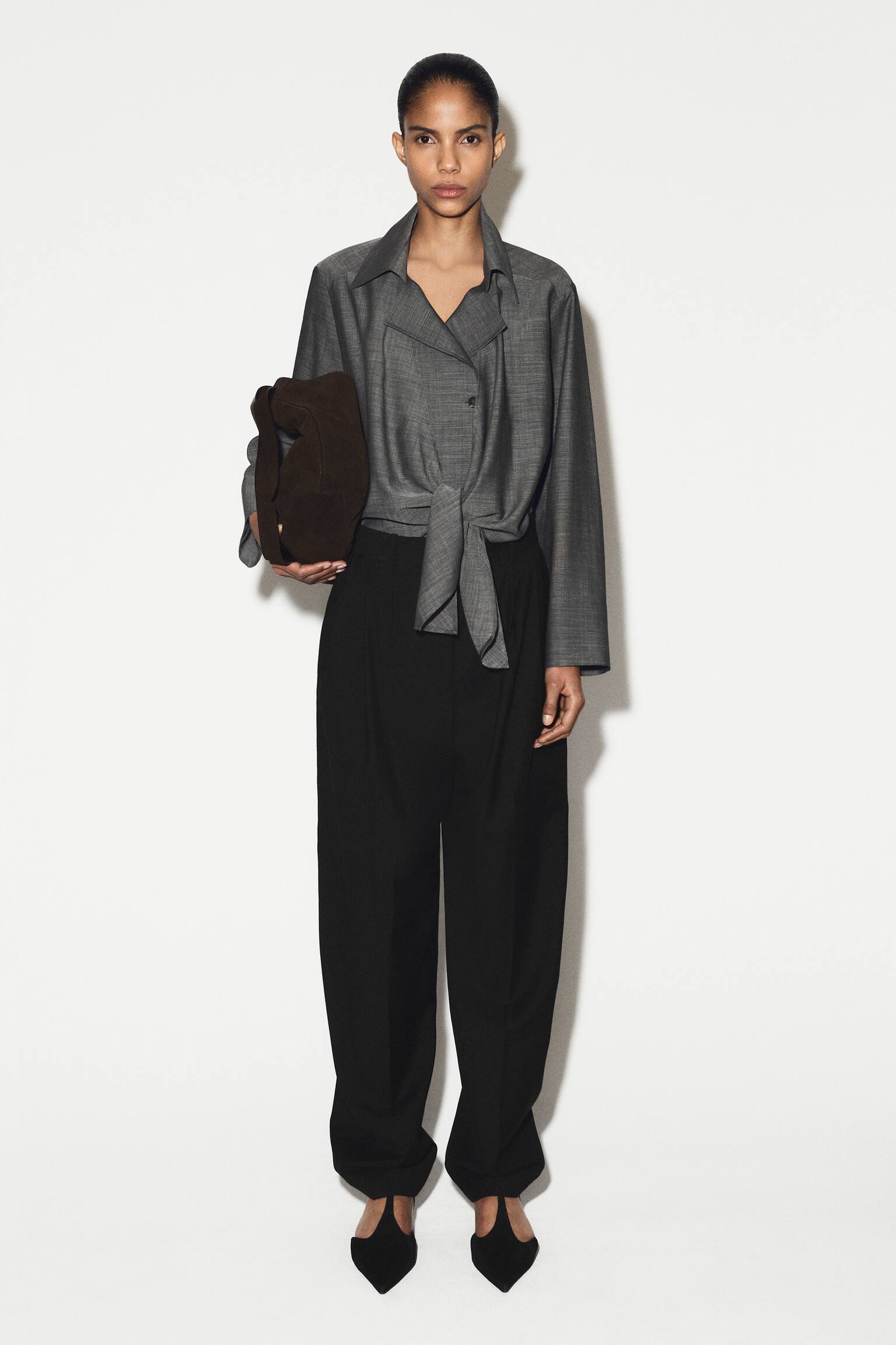 TIE-FRONT ULD-RAMIE SKJORTE - MELERET GRÅ - 7