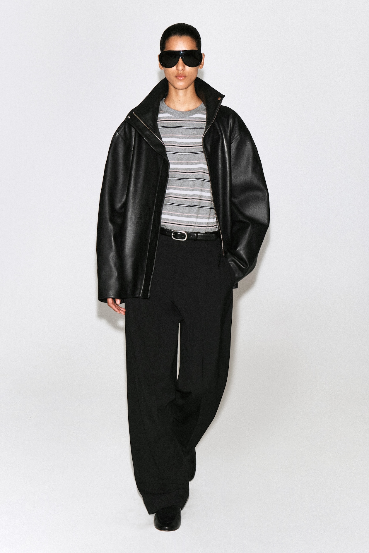 BRUSHED-COTTON LONG-SLEEVED T-SHIRT — GRAY / STRIPED