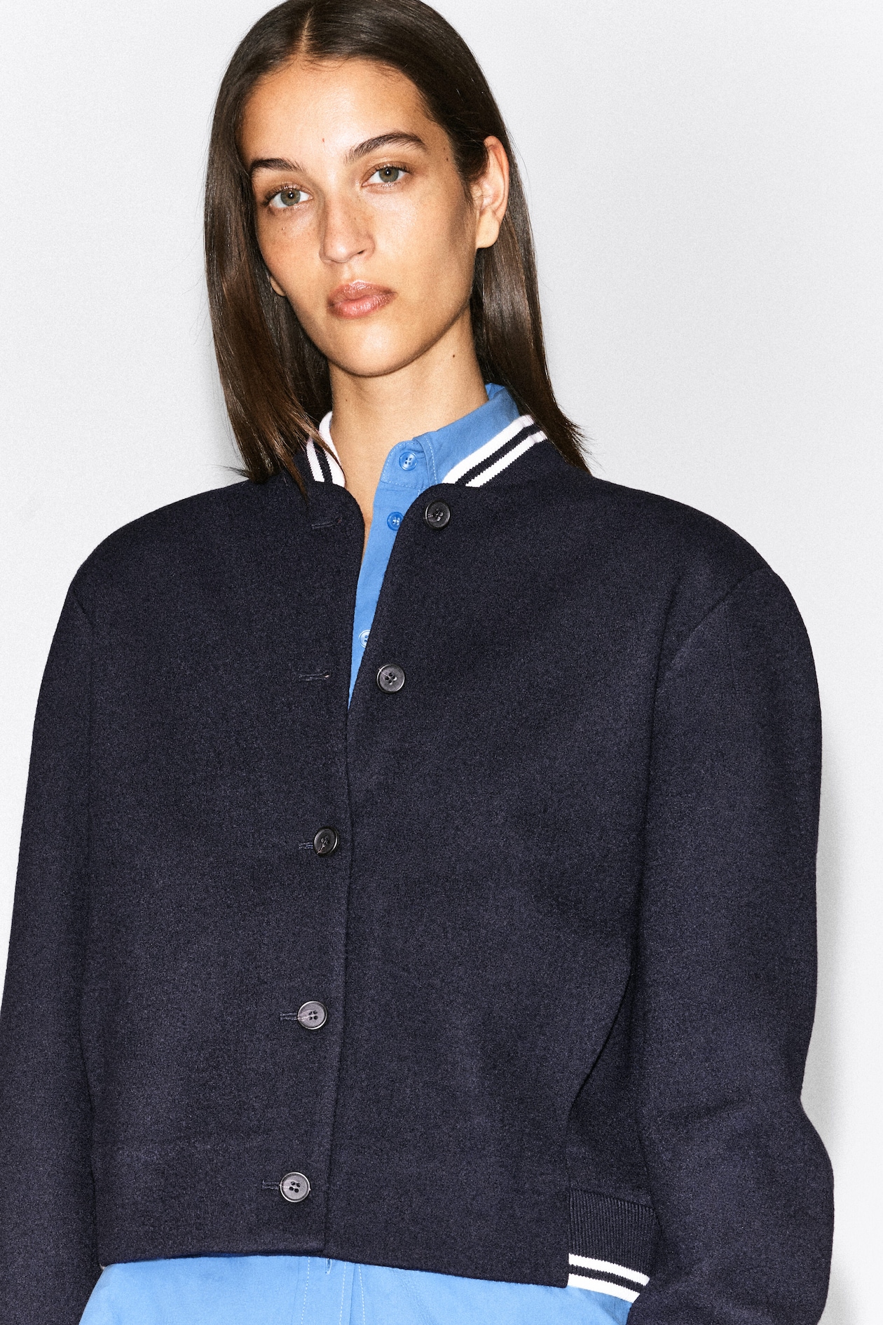 BOILED WOOL-BLEND BOMBER JACKET — NAVY