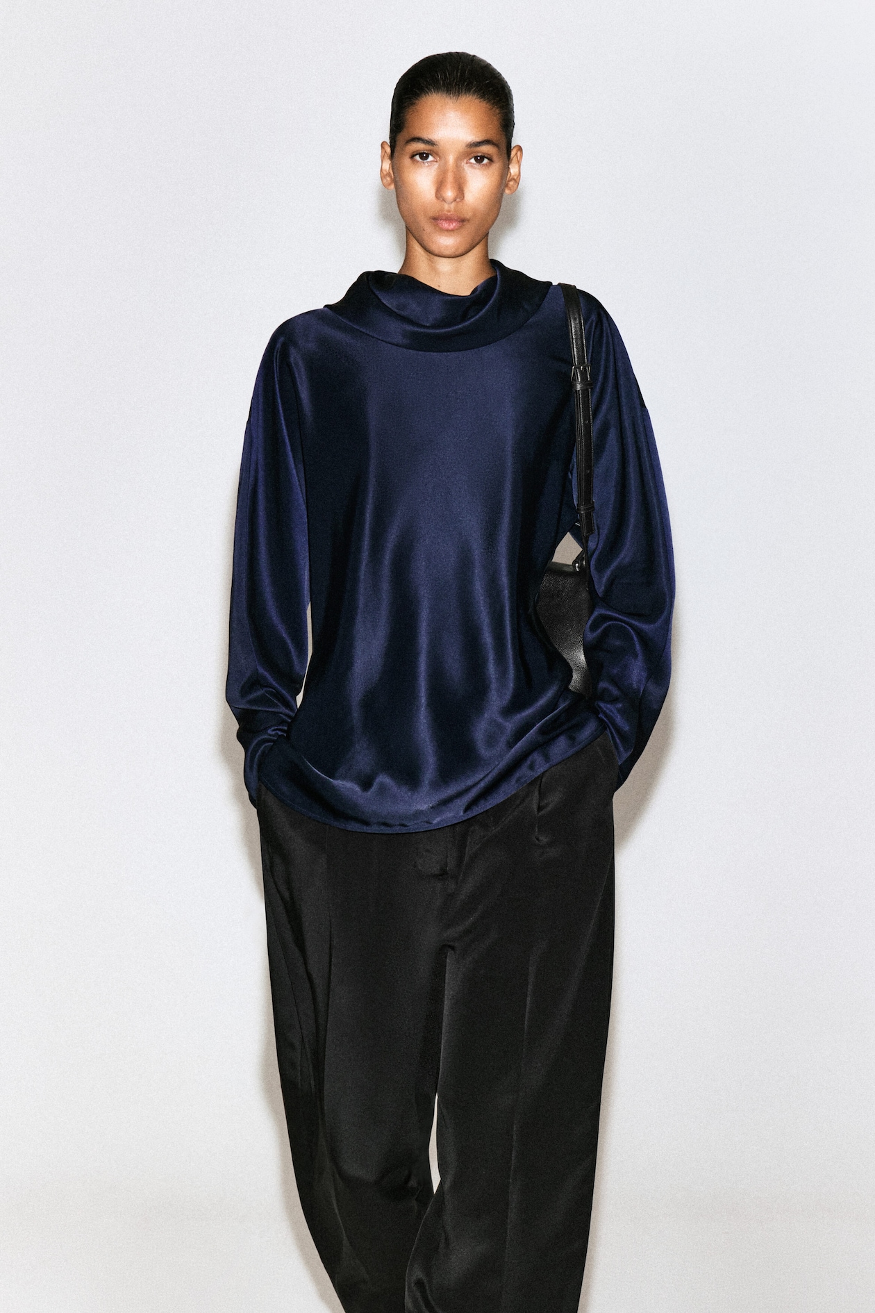 COWL-NECK SATIN BLOUSE — MIDNIGHT BLUE