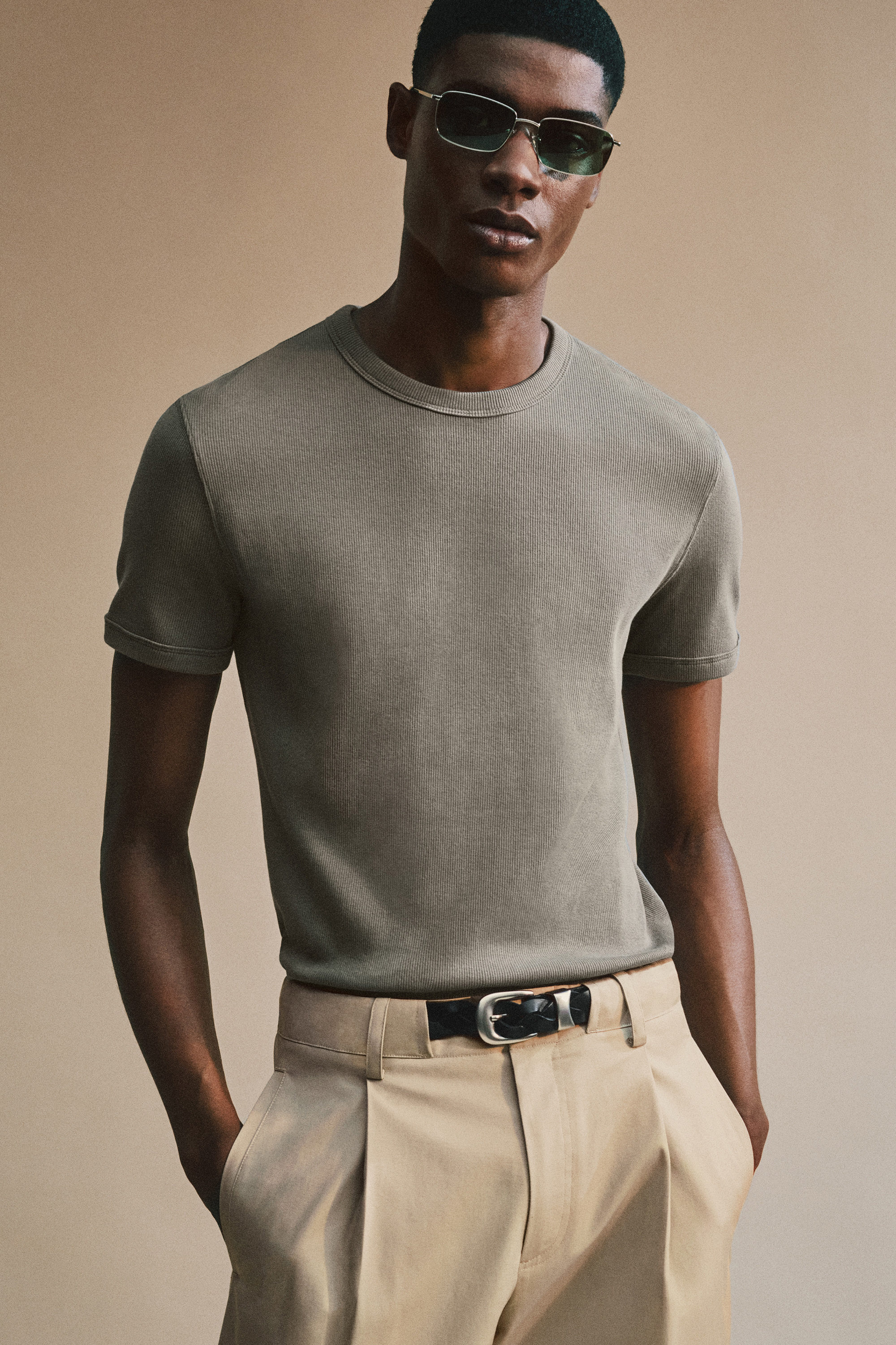 【関税込み】GOES BOTANICAL RIBBED T-SHIRT SLIM RIBBED COTTON T-SHIRT - LIGHT GREY | COS