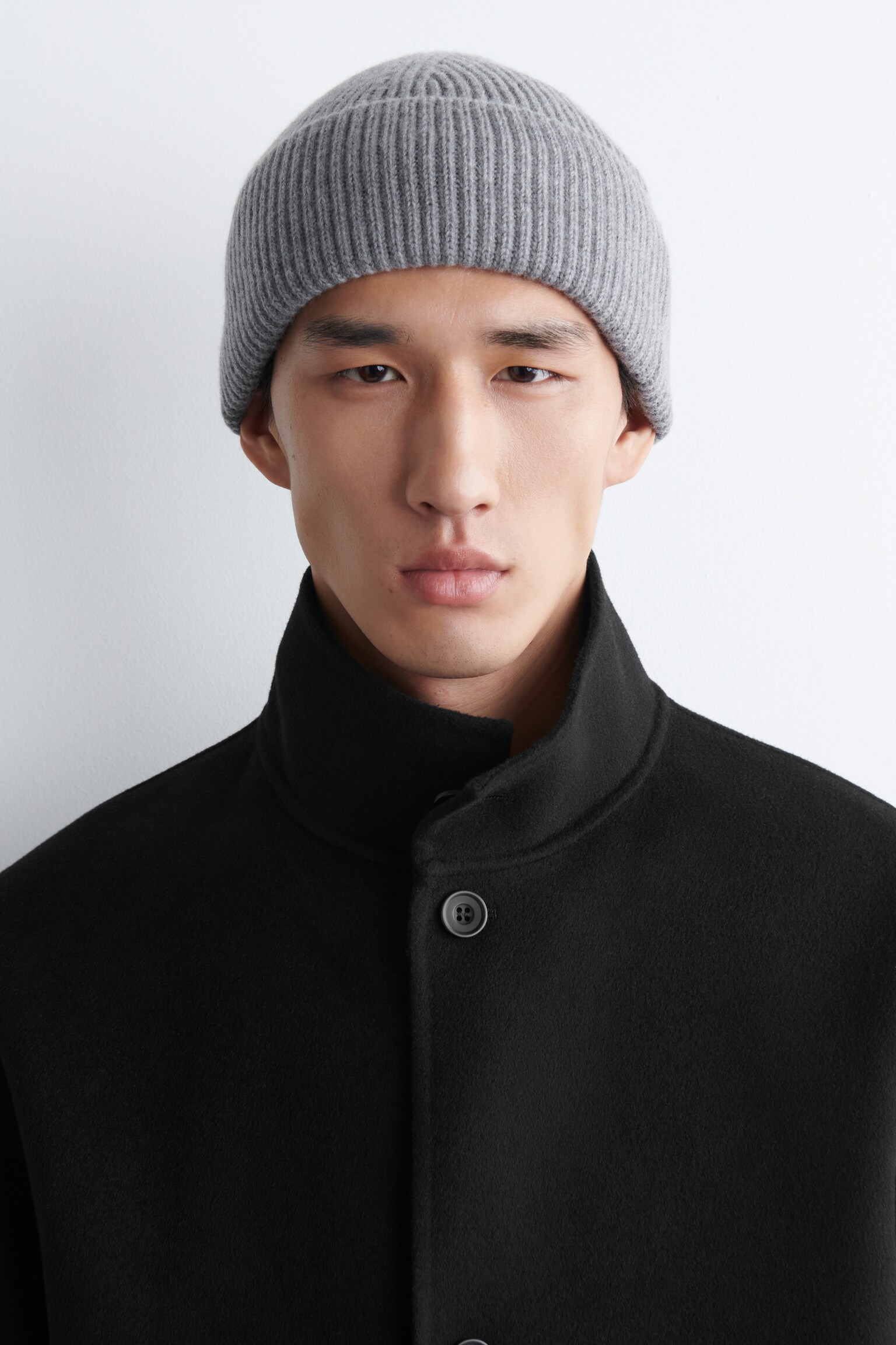 RIBBED WOOL BEANIE - GREY/NAVY