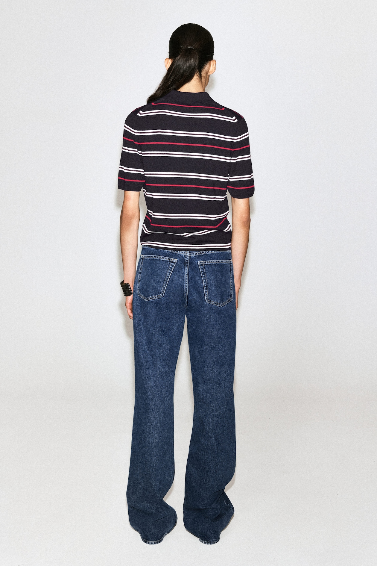MERINO WOOL ZIP-UP POLO SHIRT — NAVY / RED / STRIPED