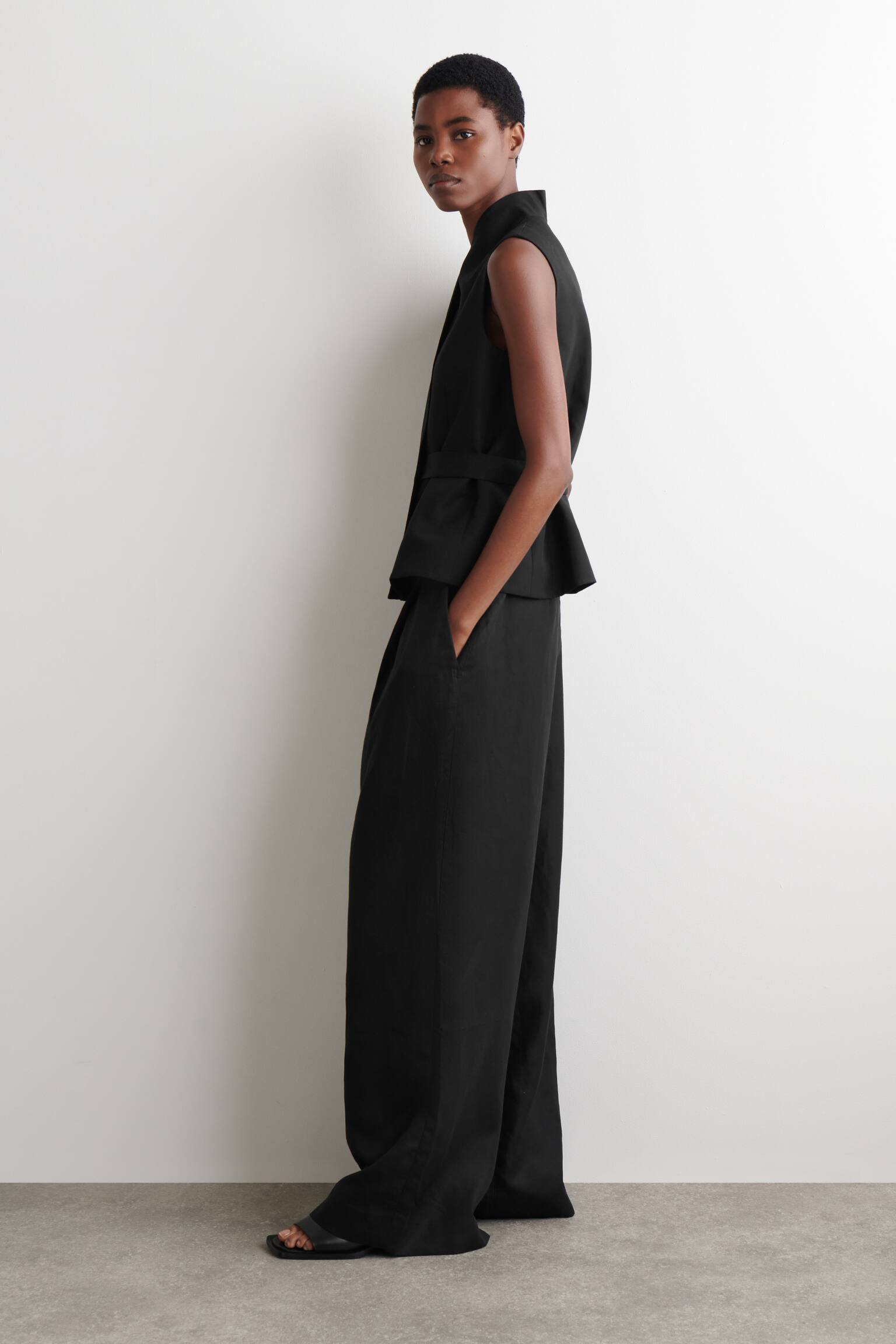 DOPASOWANE SPODNIE Z MIESZANKI Z LNEM - CZARNY MELANŻ/RDZAWOBRĄZOWY - 3