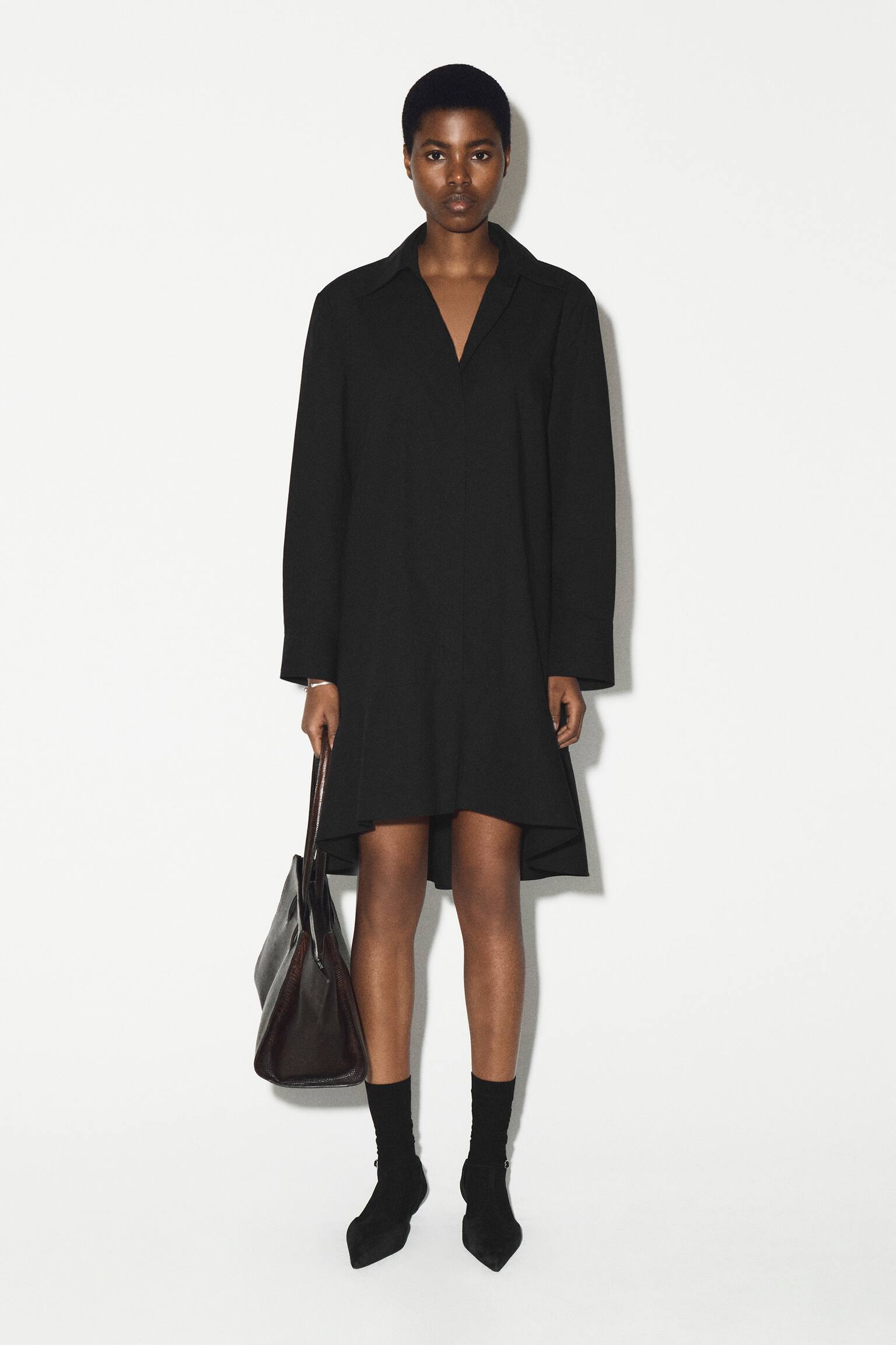 FLARED COTTON MINI SHIRT DRESS - שחור/BLUE - 7