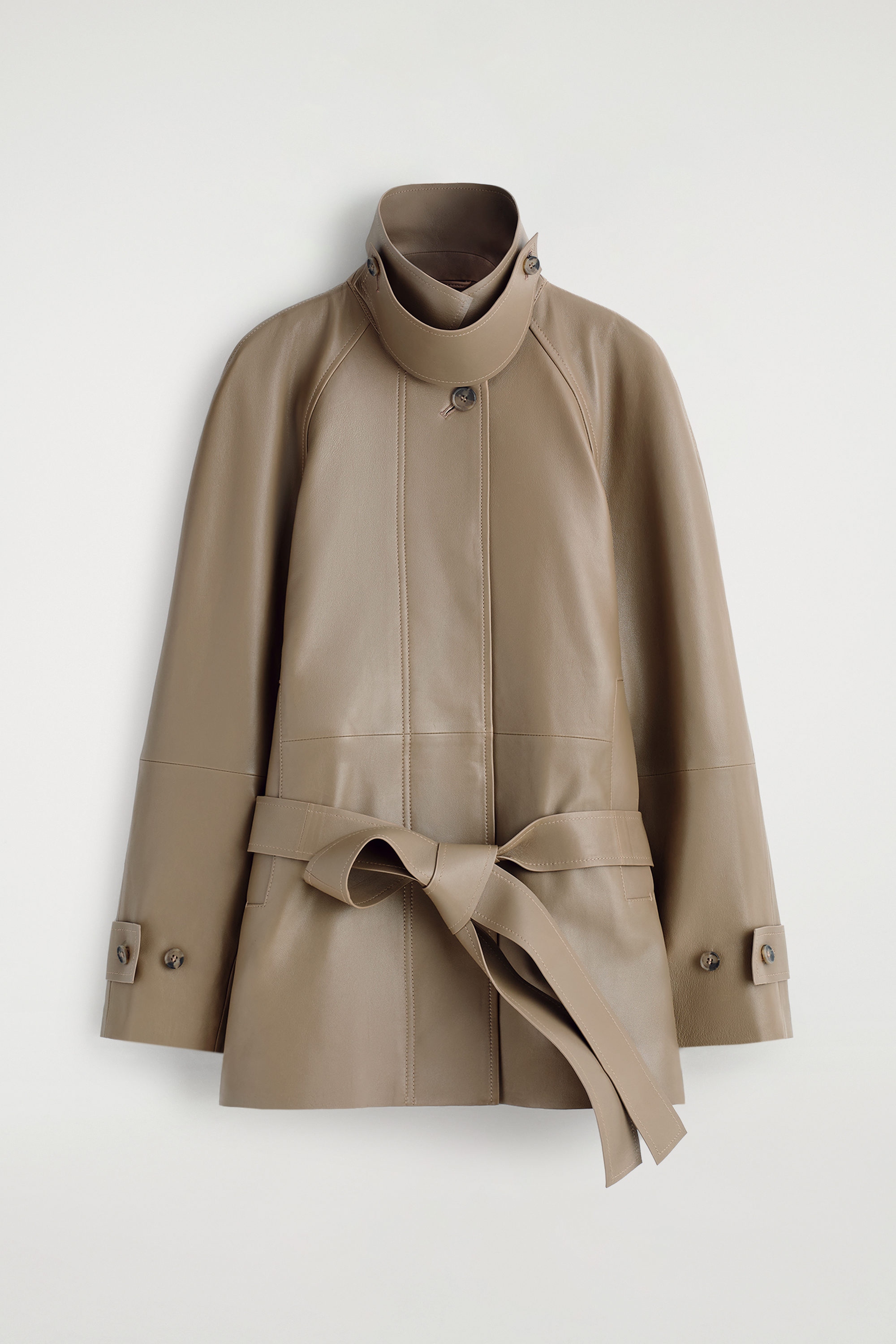 Funnel-neck leather short trench jacket