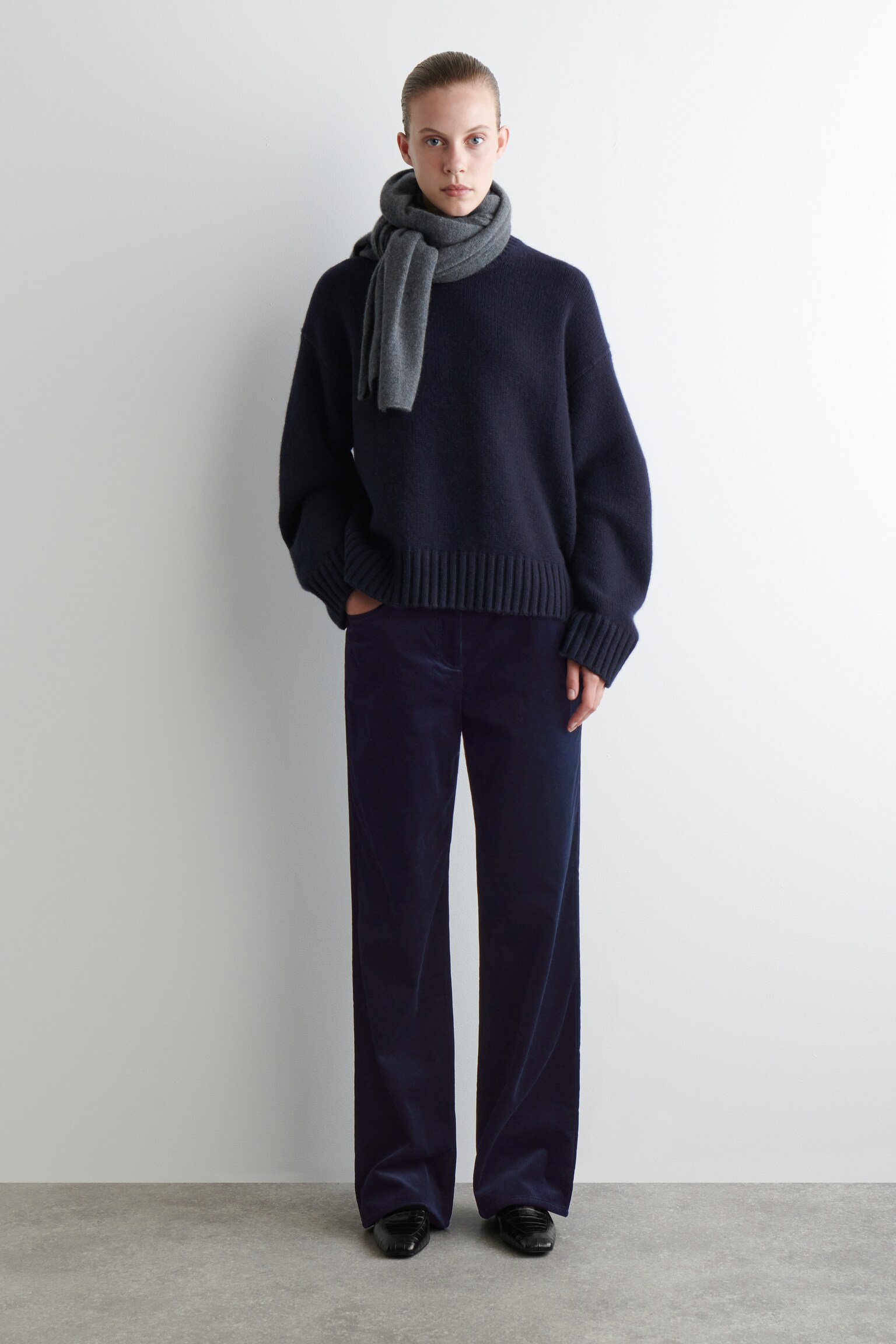 PANTALONI A GAMBA DRITTA IN VELLUTO A COSTE - BLU NAVY
