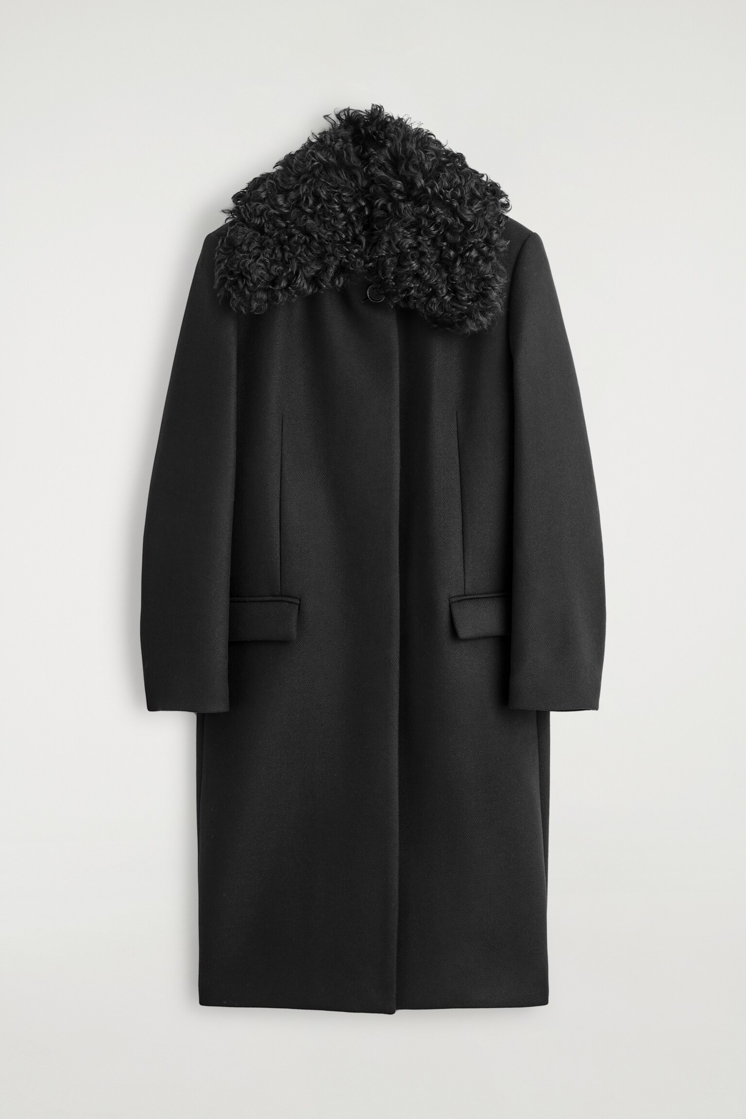 SHEARLING-COLLAR WOOL COAT - BLACK - 2