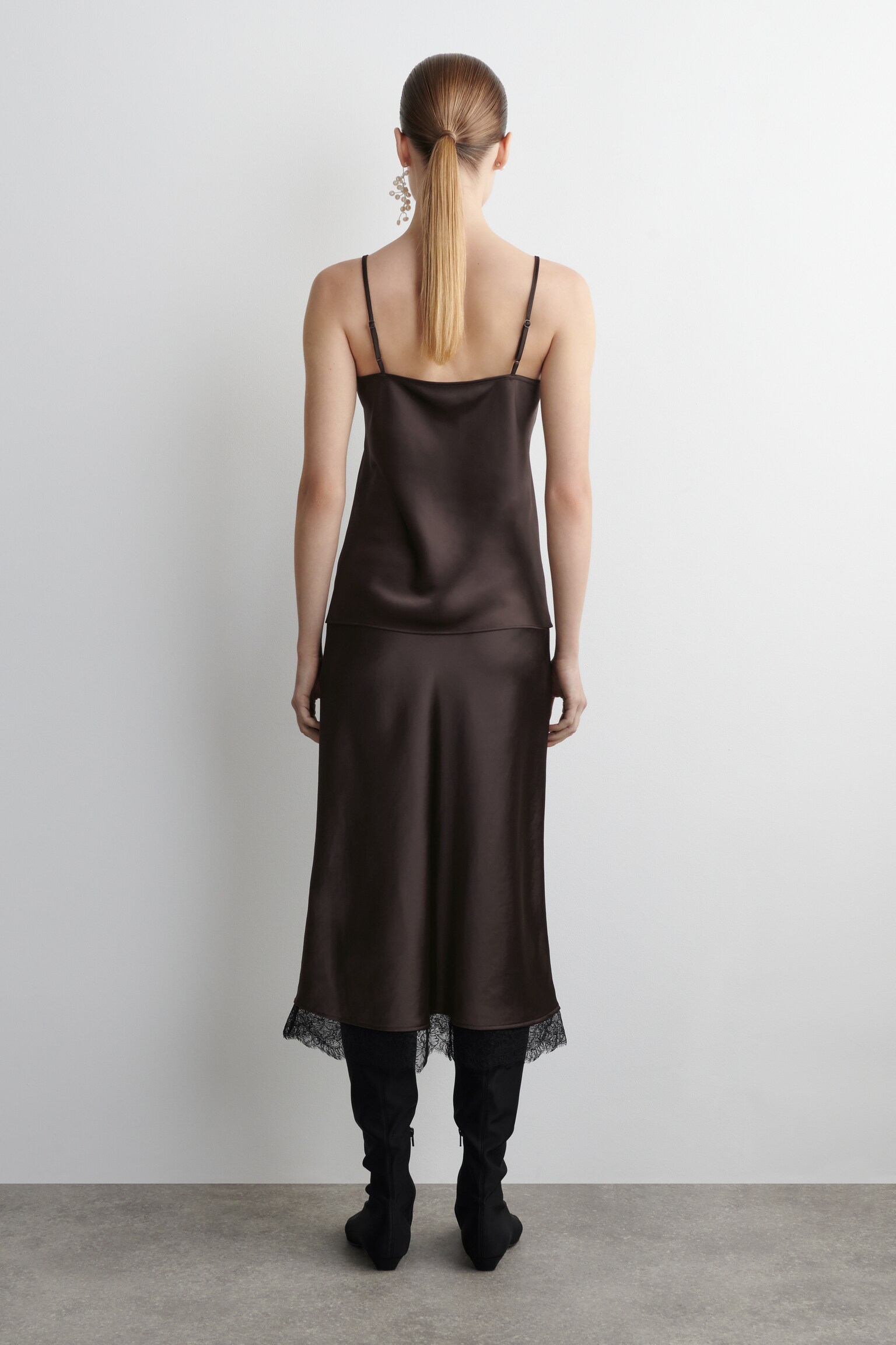 LACE-TRIMMED SATIN MIDI SKIRT - BROWN - 6