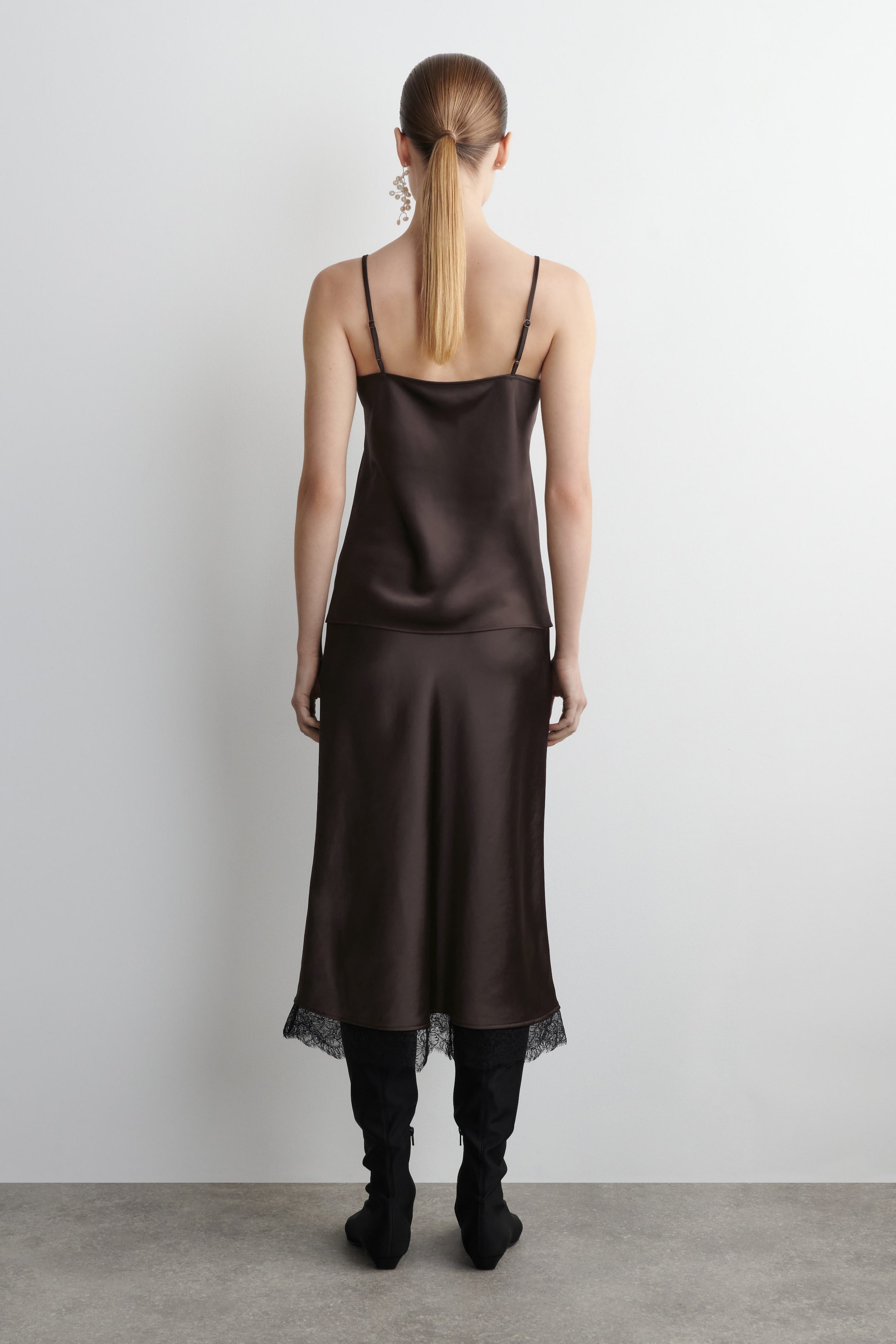 LACE-TRIMMED SATIN MIDI SKIRT