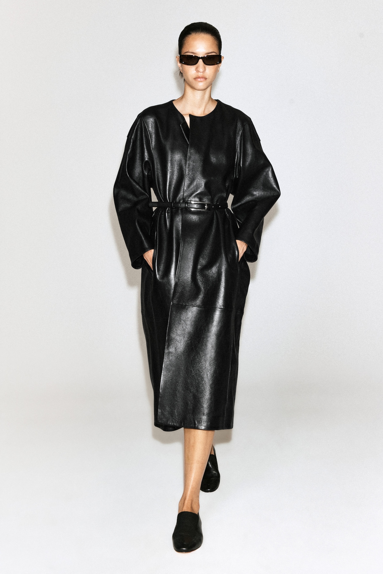 PANELED LEATHER LONG COAT — BLACK