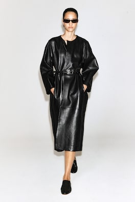 PANELED LEATHER LONG COAT — BLACK 1