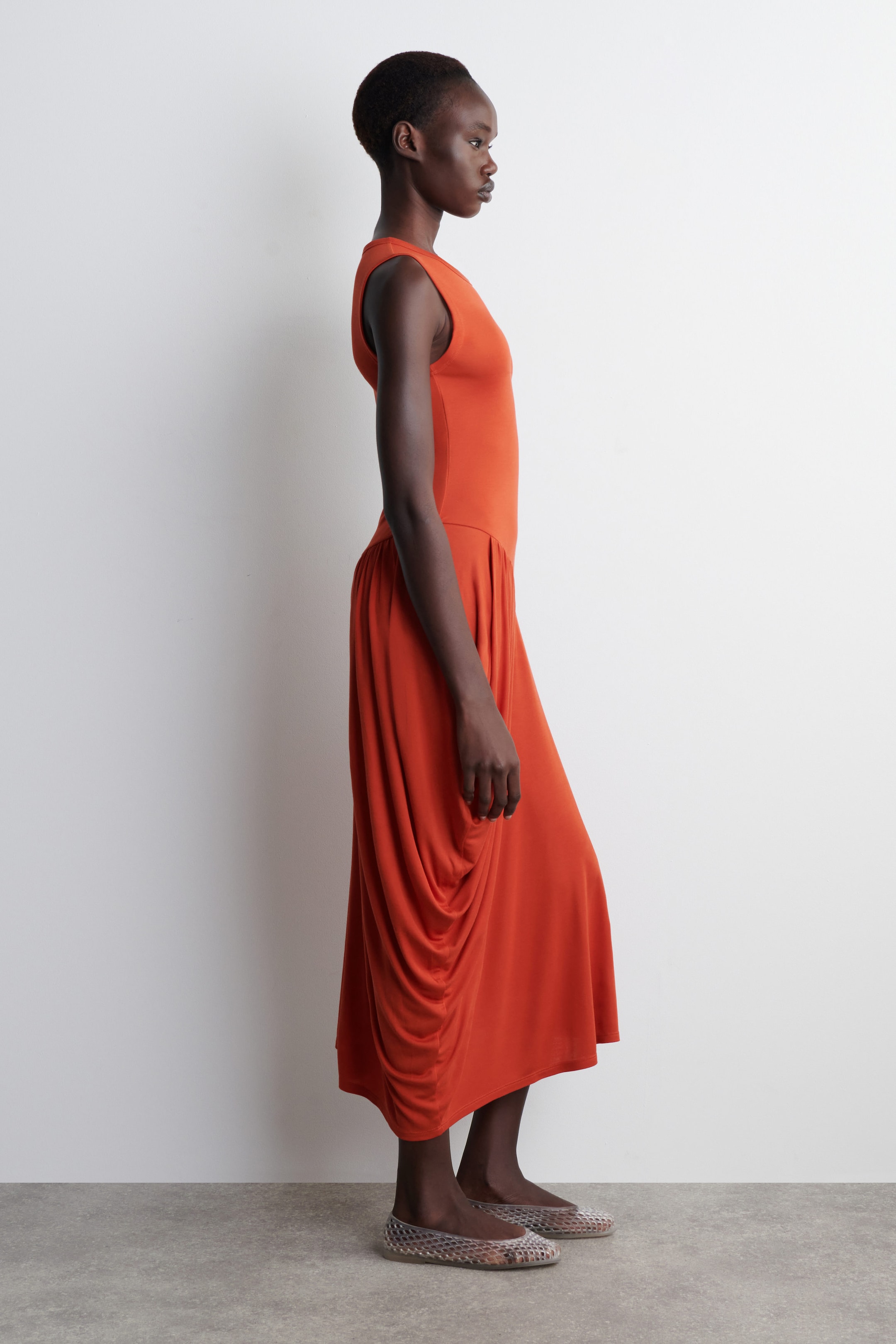 ASYMMETRIC DRAPED MIDI DRESS