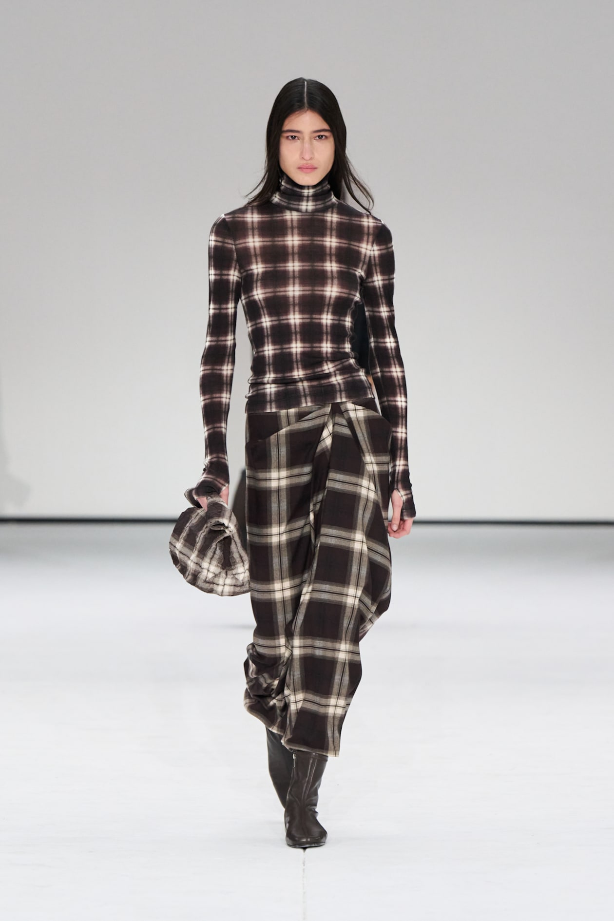 DRAPED CHECKED MIDI SKIRT