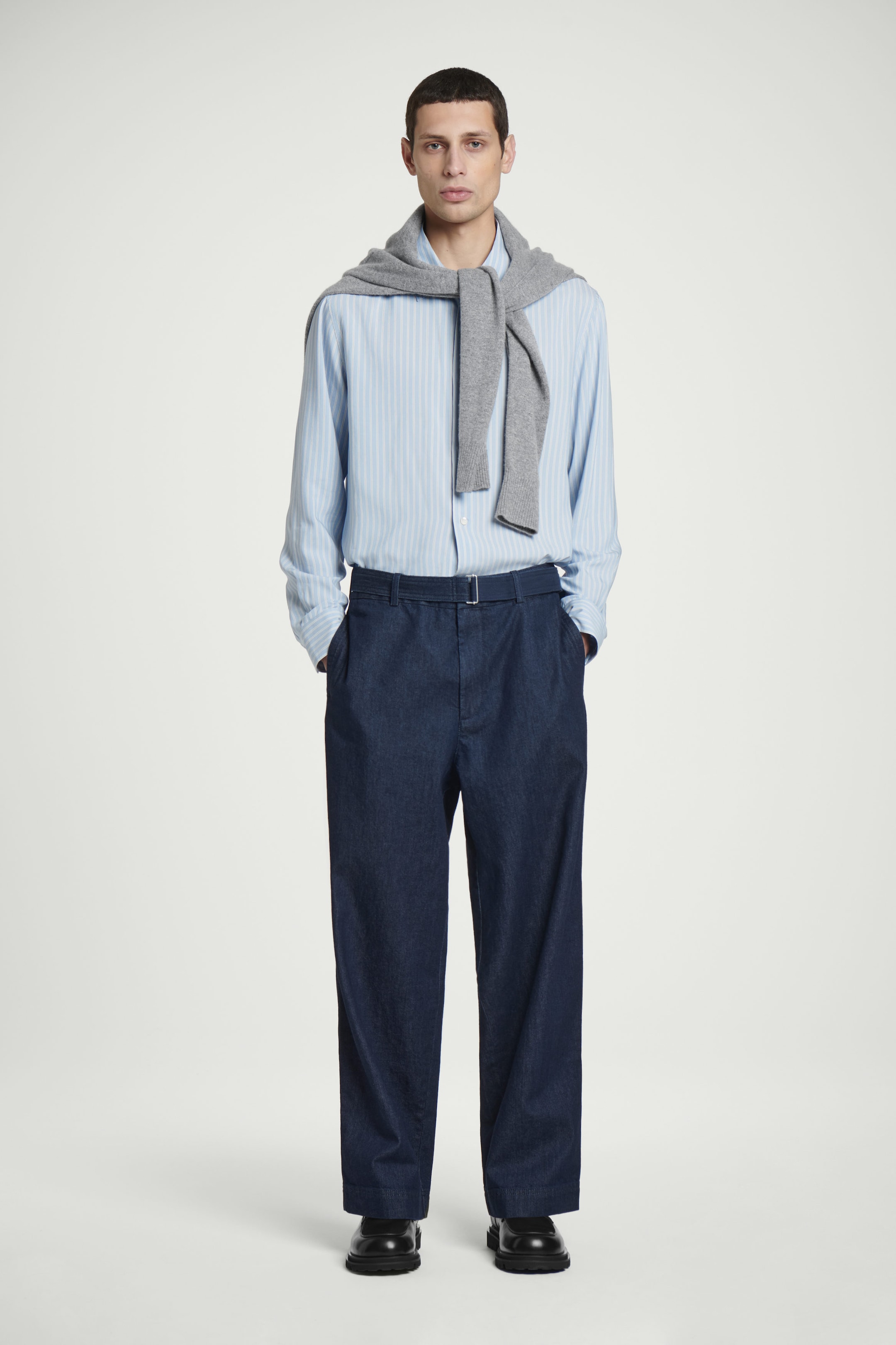 BELTED DENIM STRAIGHT-LEG TROUSERS