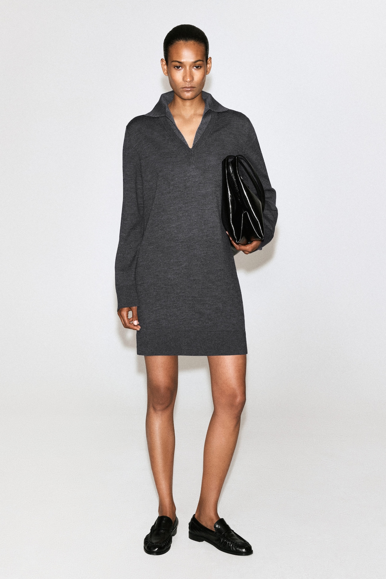 MERINO WOOL MINI POLO DRESS — GRAY MÉLANGE