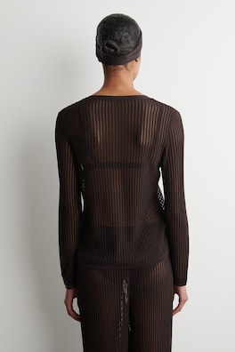 RIBBED OPEN-KNIT CARDIGAN — BROWN 4