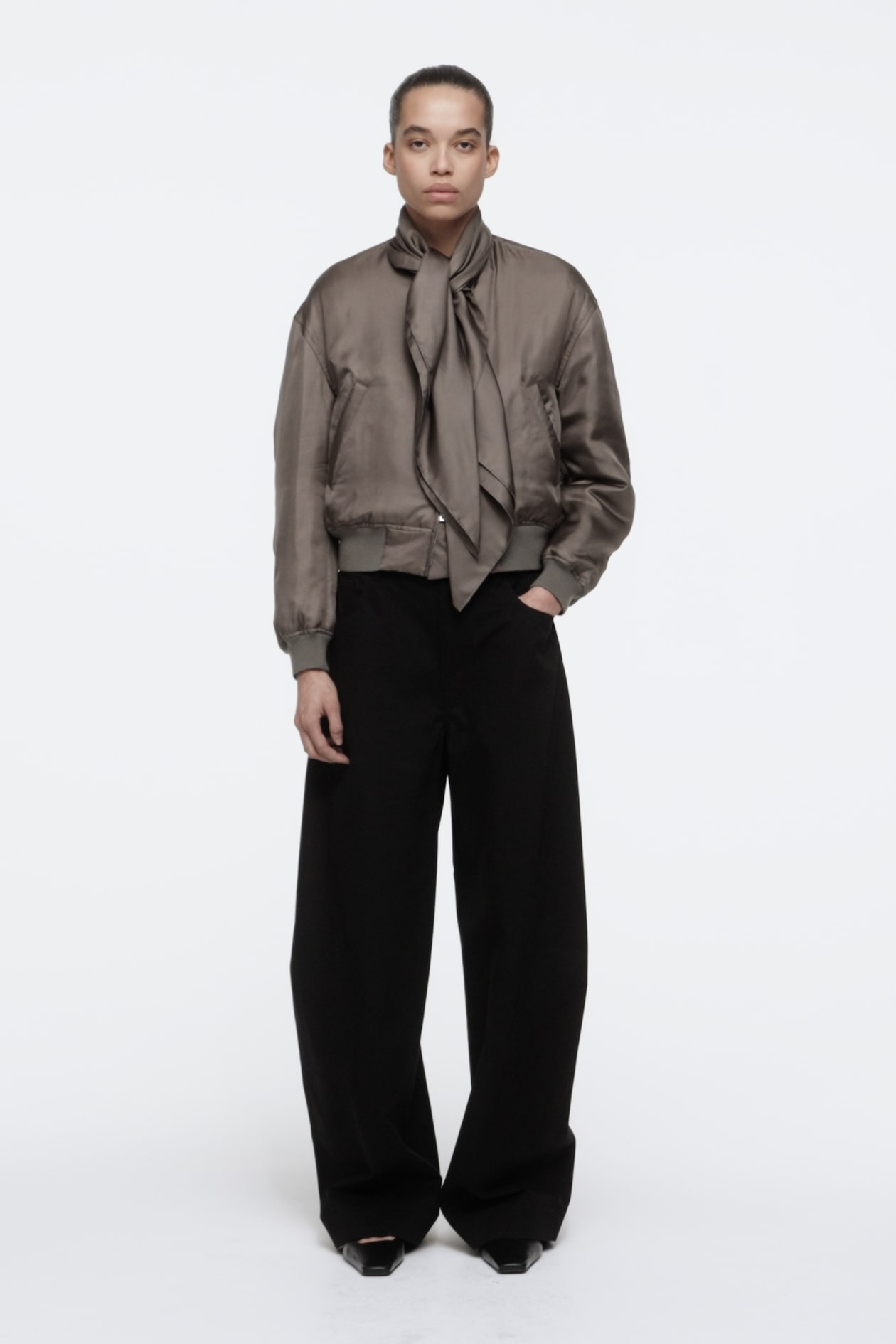 SCARF-DETAIL PADDED SILK BOMBER JACKET