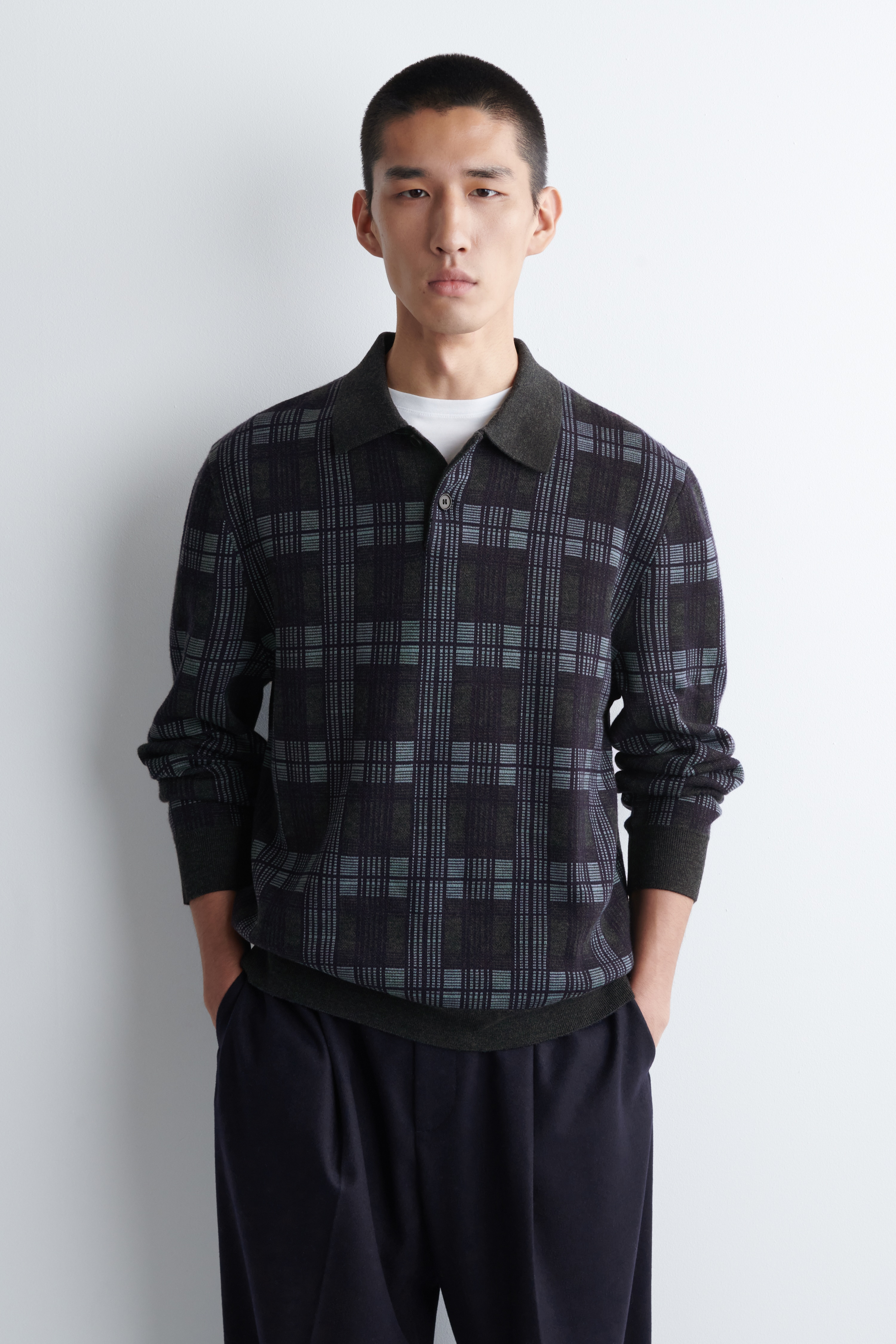 MAGLIONE POLO IN LANA MERINO JACQUARD - BLU NAVY / QUADRI
