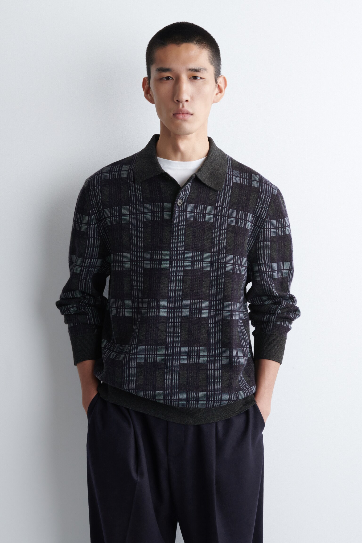 WOOL-JACQUARD POLO JUMPER - NAVY / CHECKED - 1