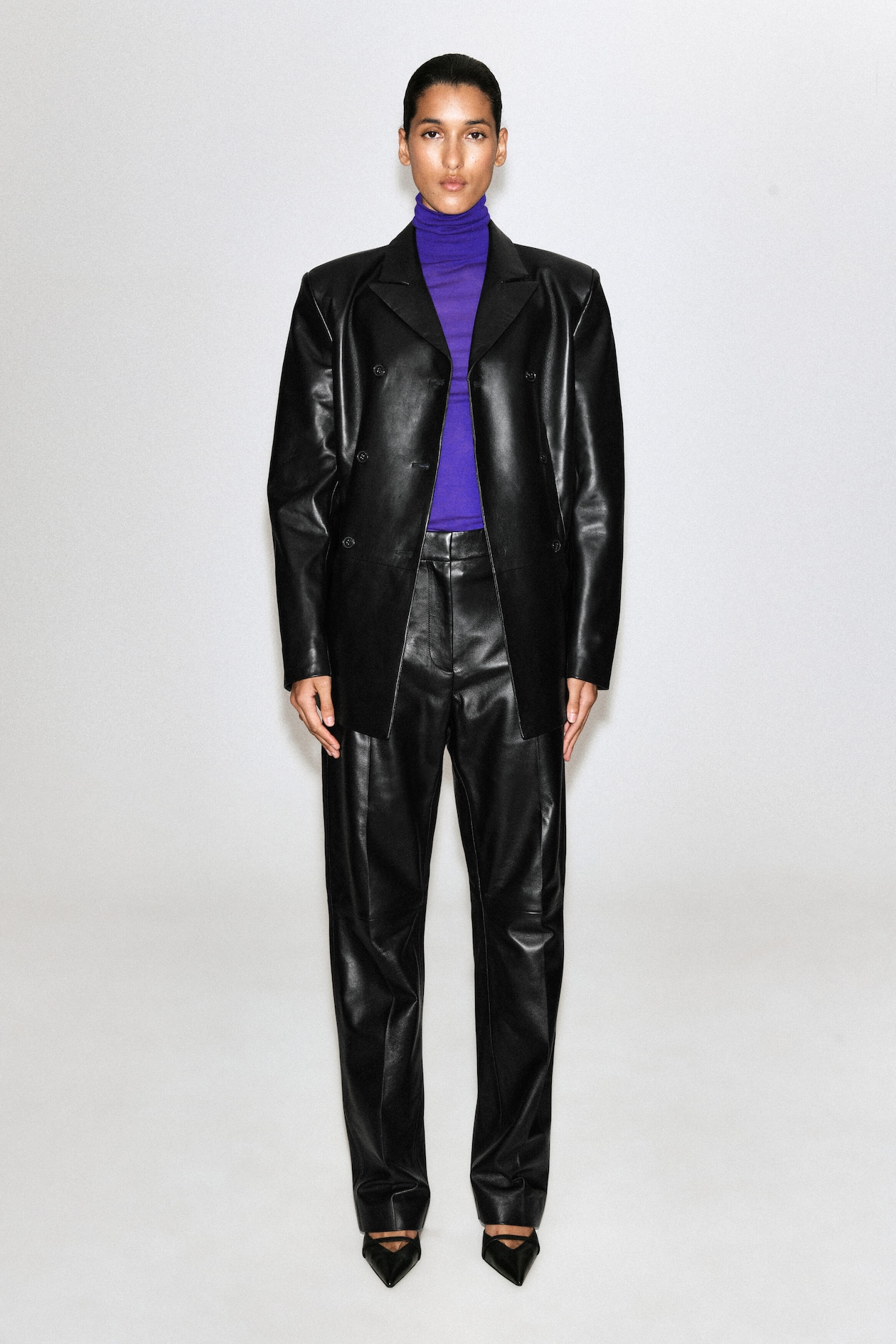 LEATHER STRAIGHT-LEG PANTS — BLACK