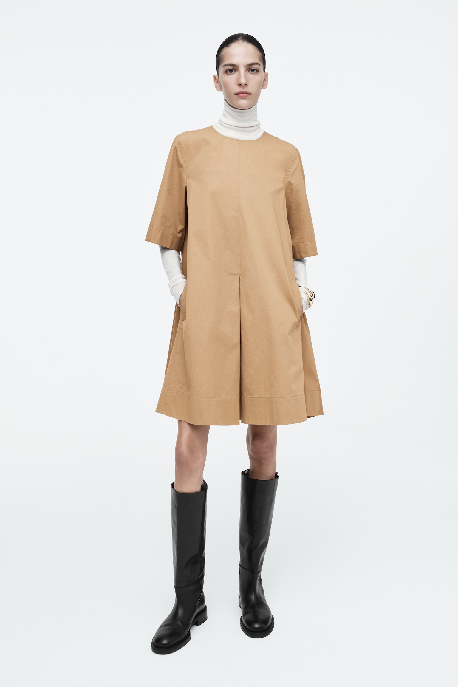 PLEATED COTTON MINI DRESS - BEIGE/BLACK - 1